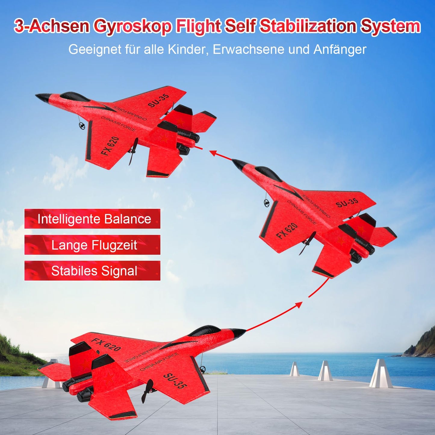 Henakmsl RC Airplane 2.4GHz SU35 Fighter RC Airplane 2CH Remote Control RTF for Beginners, Kids, and Adults, FX620 Airplane Toy with Colored Lights USB Charging Red