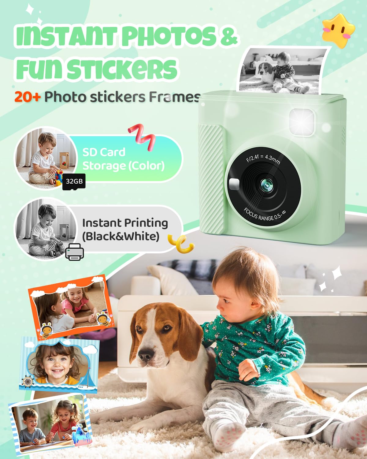 TIATUA Kids Instant Camera, 2.4" Instant Camera for Kids with 32G Card and Photo Paper Print, 1080P HD Kids Digital Camera, Gifts for Boys and Girls 3-12 Years (Green)