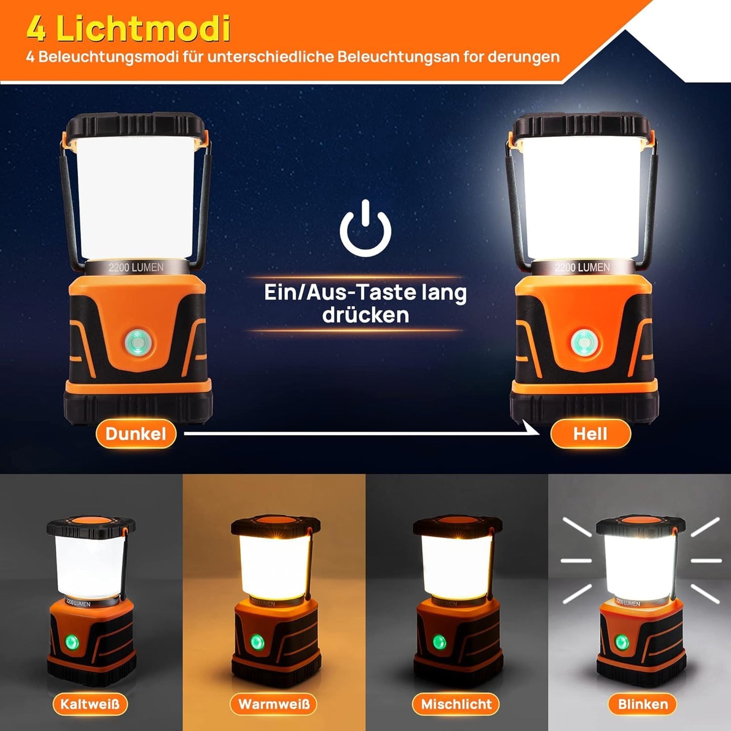 FLOWood super bright rechargeable camping lantern, 2200 lumens 6000mAh battery LED camping lantern, IP54 camping lights, 4 light modes dimmable, camping light tent lamp for hiking emergency equipment power outage