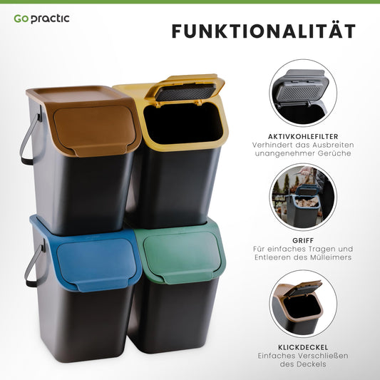Go Practic Kitchen Trash Can Set 3 Pieces 25L with Lid, Waste Separation System, Trash Bin for Separation, Durable Plastic, Recycling Trash Can Convenient Click Function