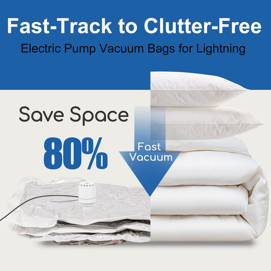Vacbird Vacuum Bags for Clothes with Electric Air Pump, 6 Pack (60 x 40 cm) Reusable Vacuum Bags, Space Saver for Clothes, Pillows, Sweaters, Plush Toys, Travel Gadgets.