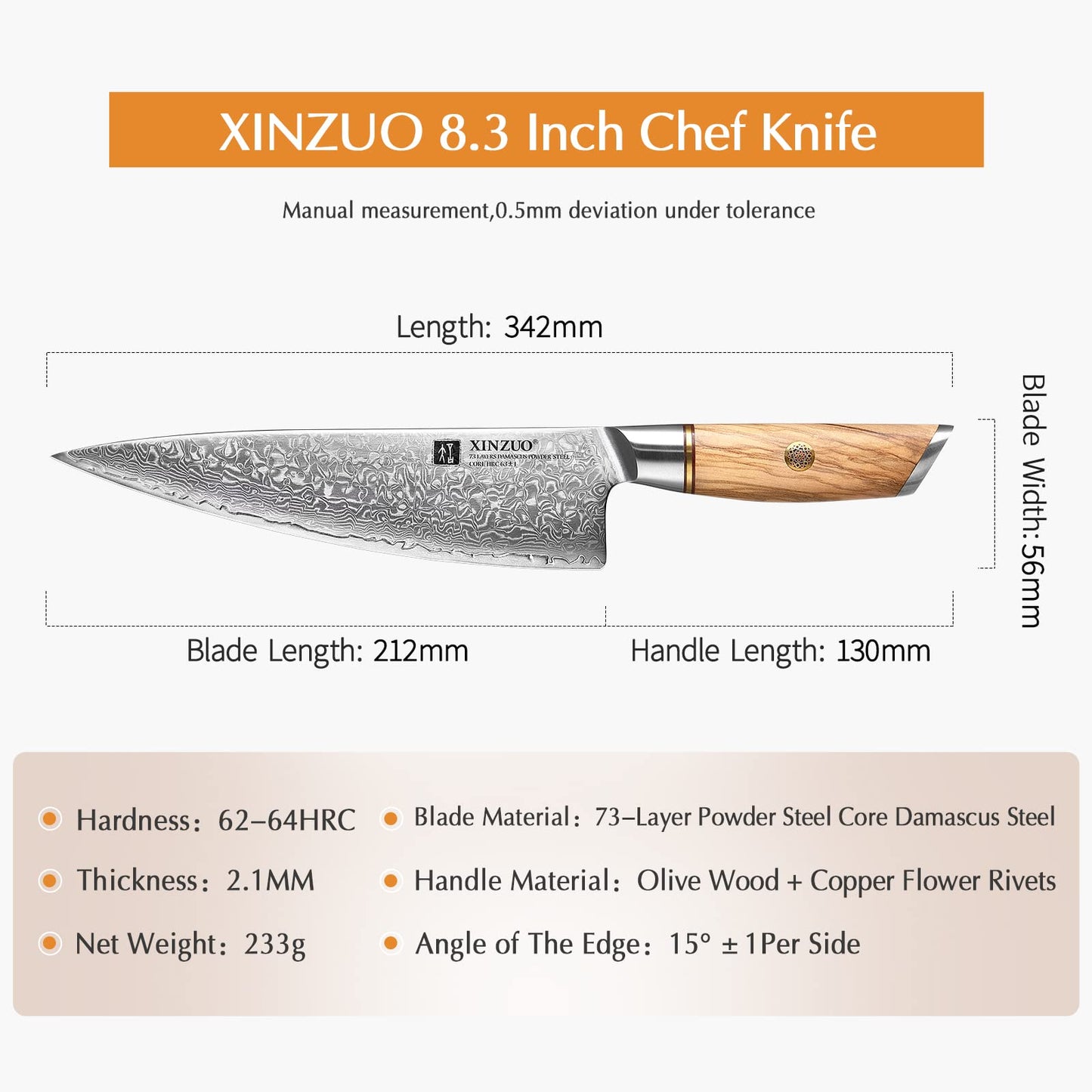 XINZUO 21.2cm chef's knife 73 layers damascus powder steel, professional gyuto knife, hand-forged sharp blade kitchen knife-with ergonomic olive wood handle - Lan Series