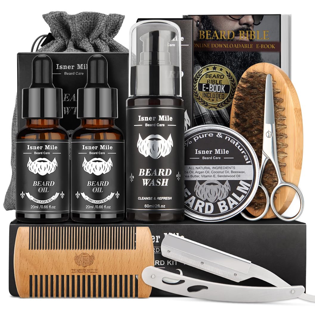 Upgraded beard care set for men beard growth care & trimming with hair conditioner beard oil, beard balm butter wax, beard brush, beard comb, beard scissors, best perfect gift