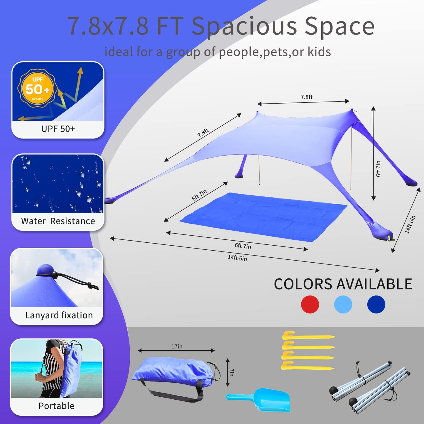 Cuupo beach tent, pop-up, 2x2.1m, SPF 50, Lycra, outdoor sun protection, anti-wind, stability poles, backyard with beach blanket, royal blue.
