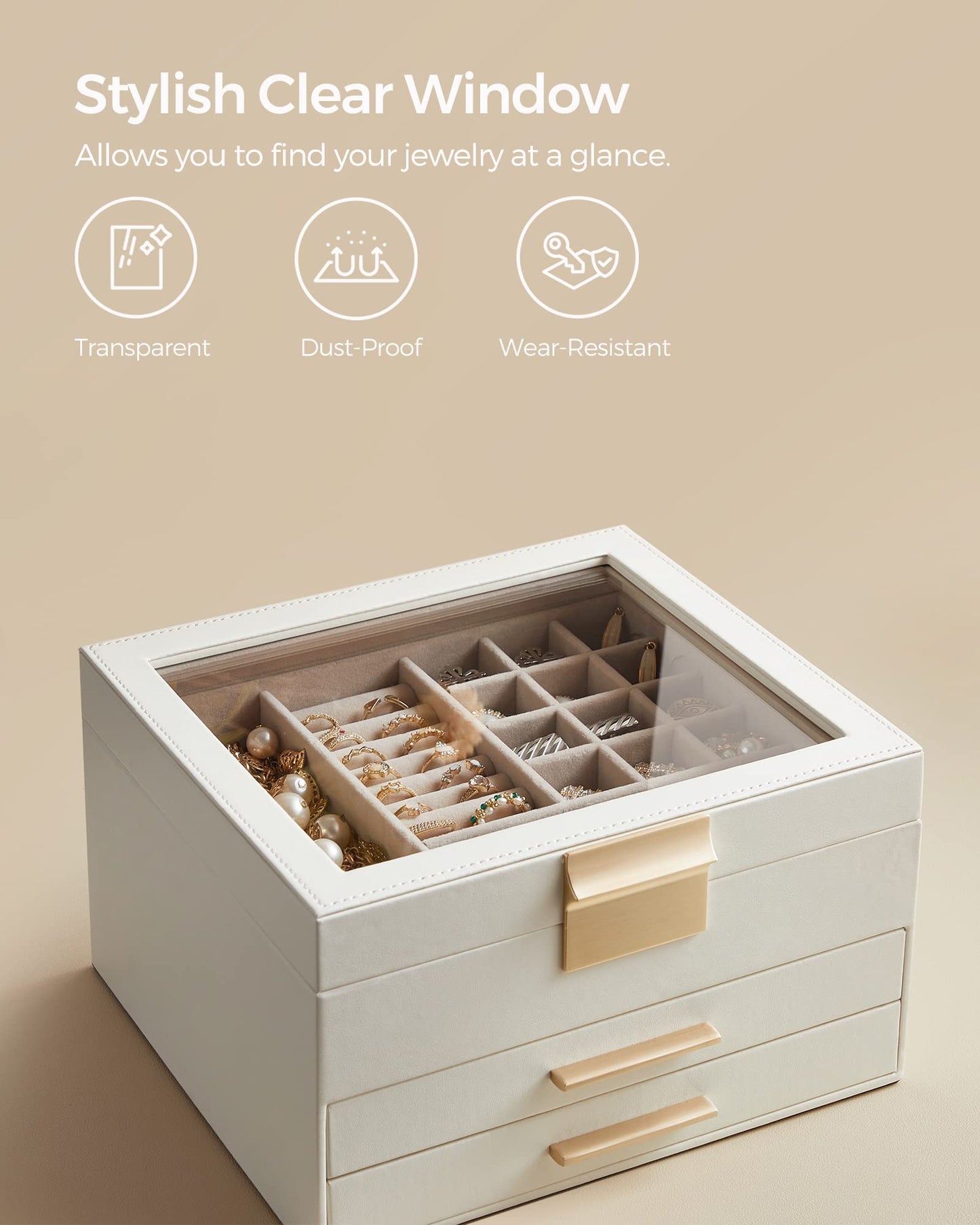 SONGMICS Jewelry box with 3 levels, glass lid, 2 drawers, ample storage, modern design, perfect gift for your loved ones, cloud white-gold JBC239WT.