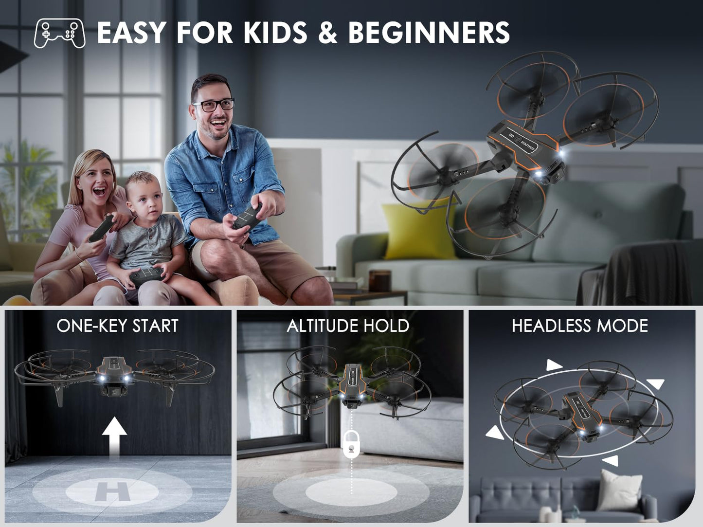 720P HD camera drone for kids, RC quadcopter with headless mode, 3D flip, altitude hold, flight path, toy and gift for boys girls beginners.