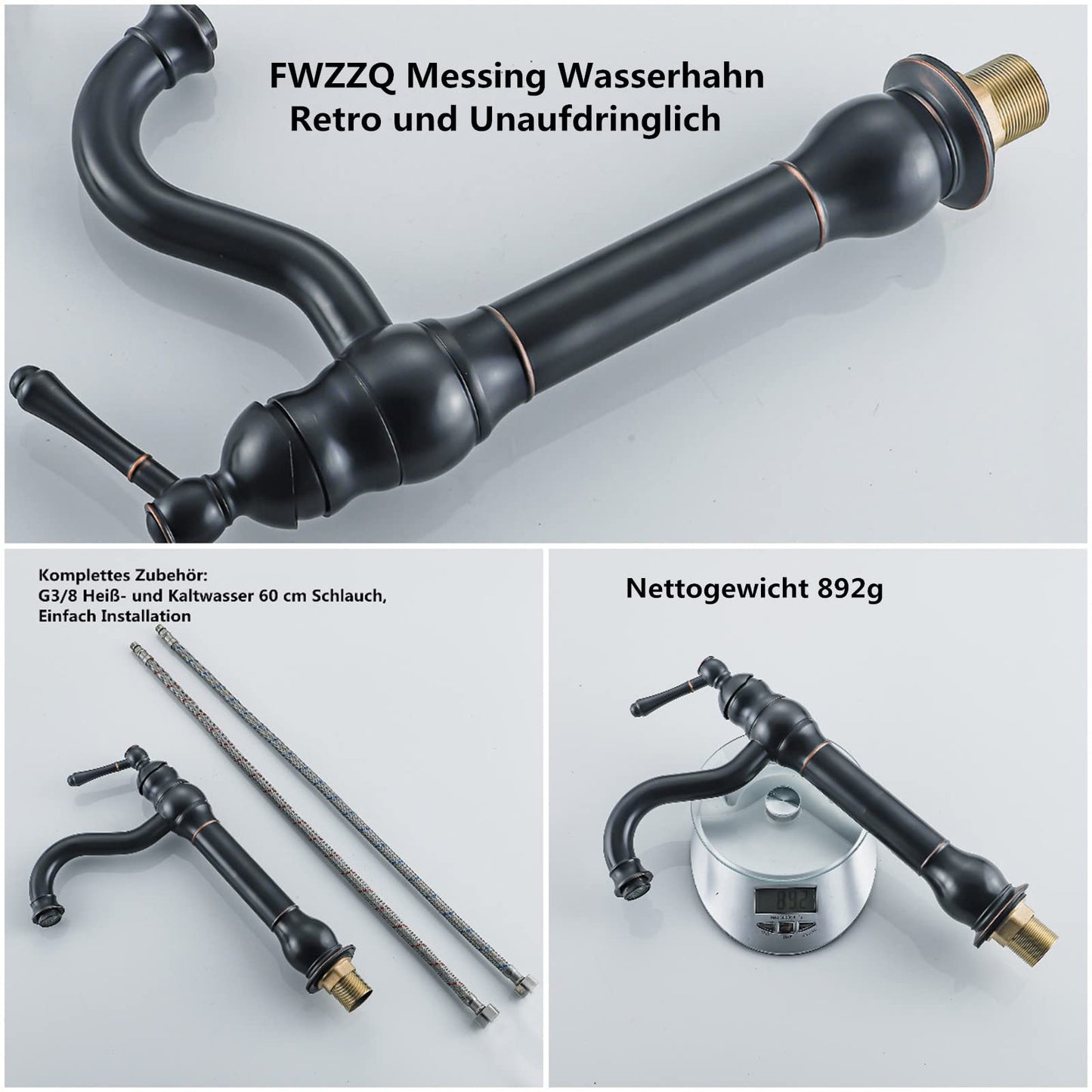 FWZZQ Black Retro Bathroom Faucet, Basin Faucet High 360° Swivel, Single Handle Sink Faucets, Nostalgic Brass Bathroom Mixer Tap for Bathroom