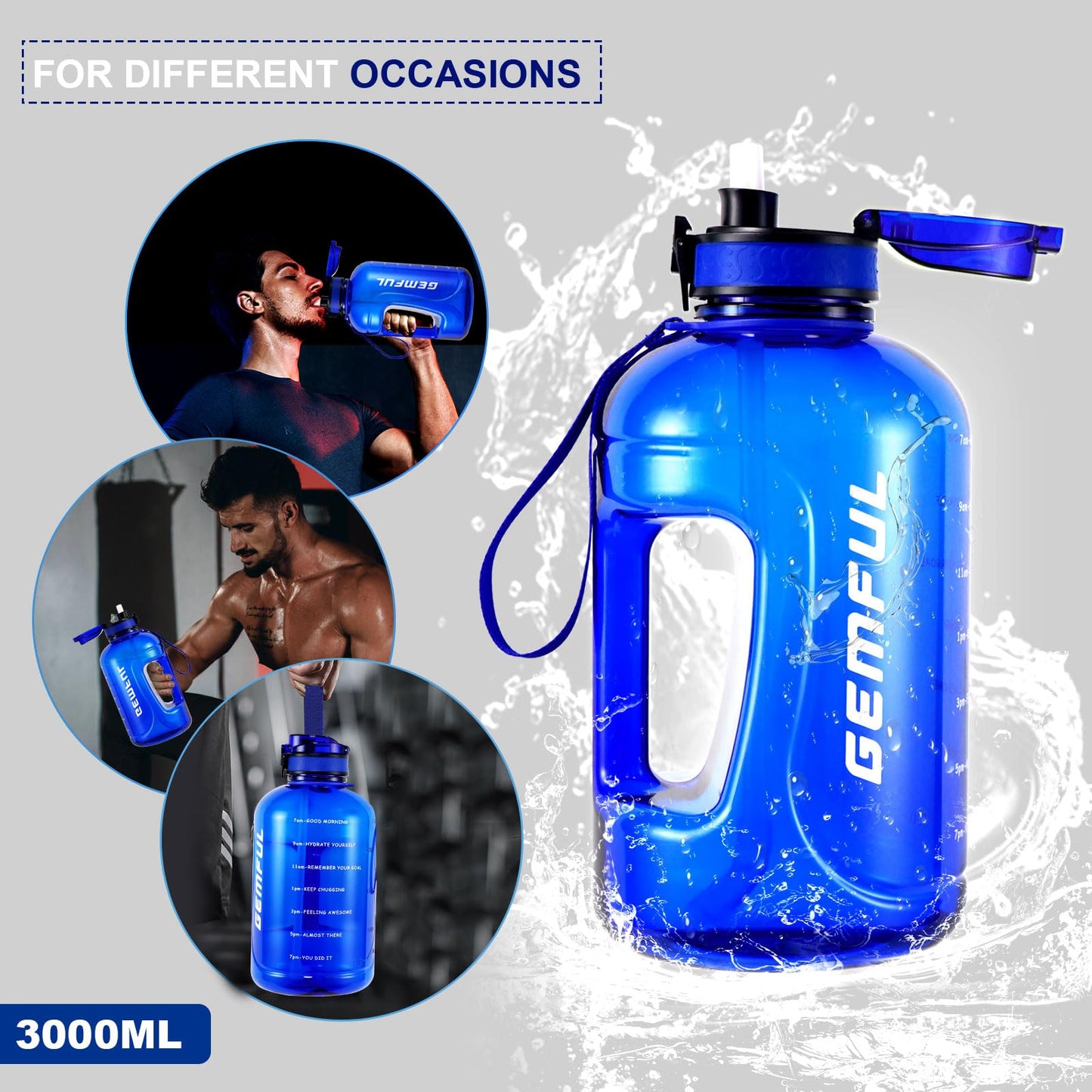 3L Motivational Water Bottle with Straw, Time Markings, & Handle! Stay hydrated & crush your fitness goals at the gym, outdoors, & in the office (Royal Blue)