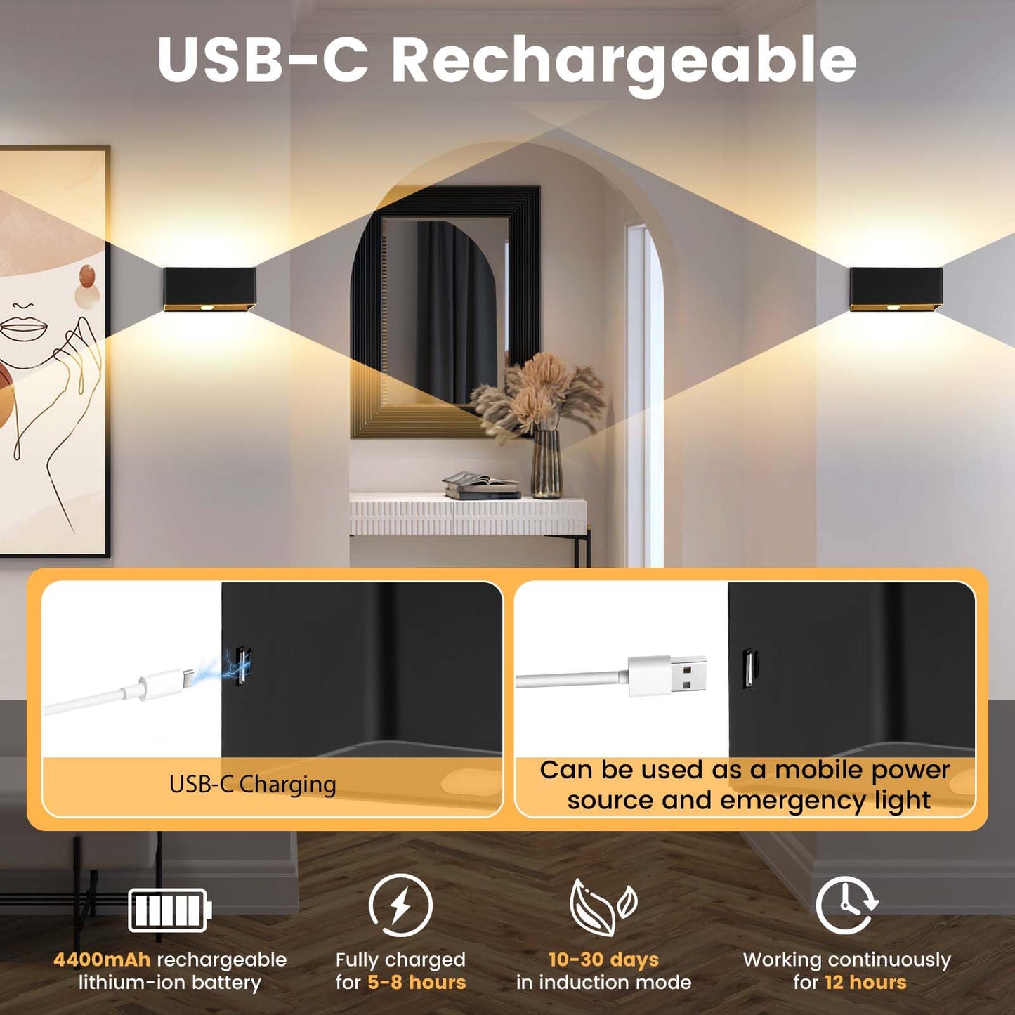 Wireless battery wall light with motion sensor, USB-C rechargeable battery wall lamp with timing function, 6W LED dimmable wall light with remote control, indoor wall lighting with switch, black.