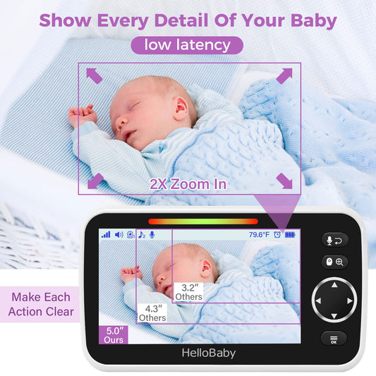 HelloBaby baby monitor with camera and audio, 5-inch color LCD screen, infrared night vision camera, VOX mode, temperature display, sleep mode.