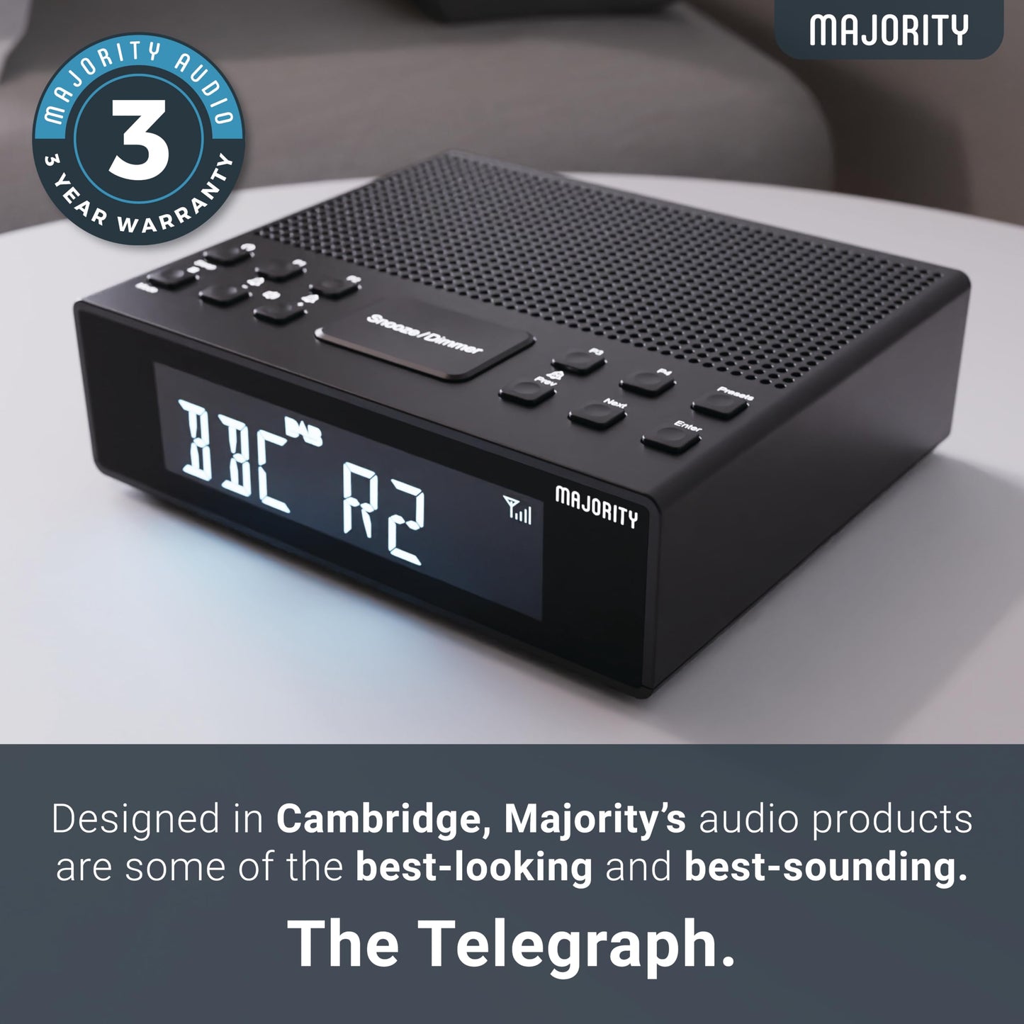 MAJORITY Knapwell | Bluetooth DAB, DAB+ radio alarm clock | Bedside radio with dual alarm, snooze function, large dimmable display | High-fidelity sound, USB charging | FM, headphone jack