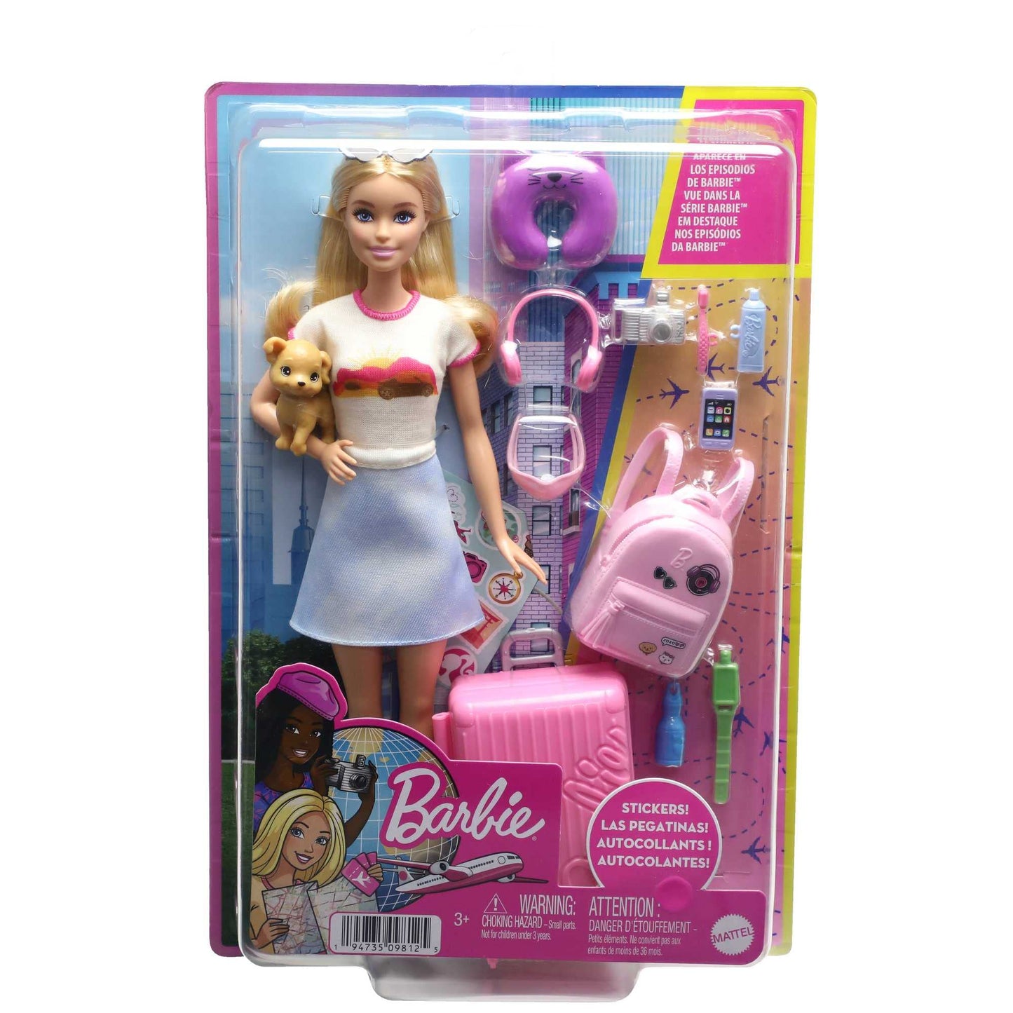 Barbie doll, Barbie Travel with blonde hair, 10+ travel accessories, stickers, suitcase, puppy, includes 1 doll, gift for kids, toy for ages 3+, HJY18