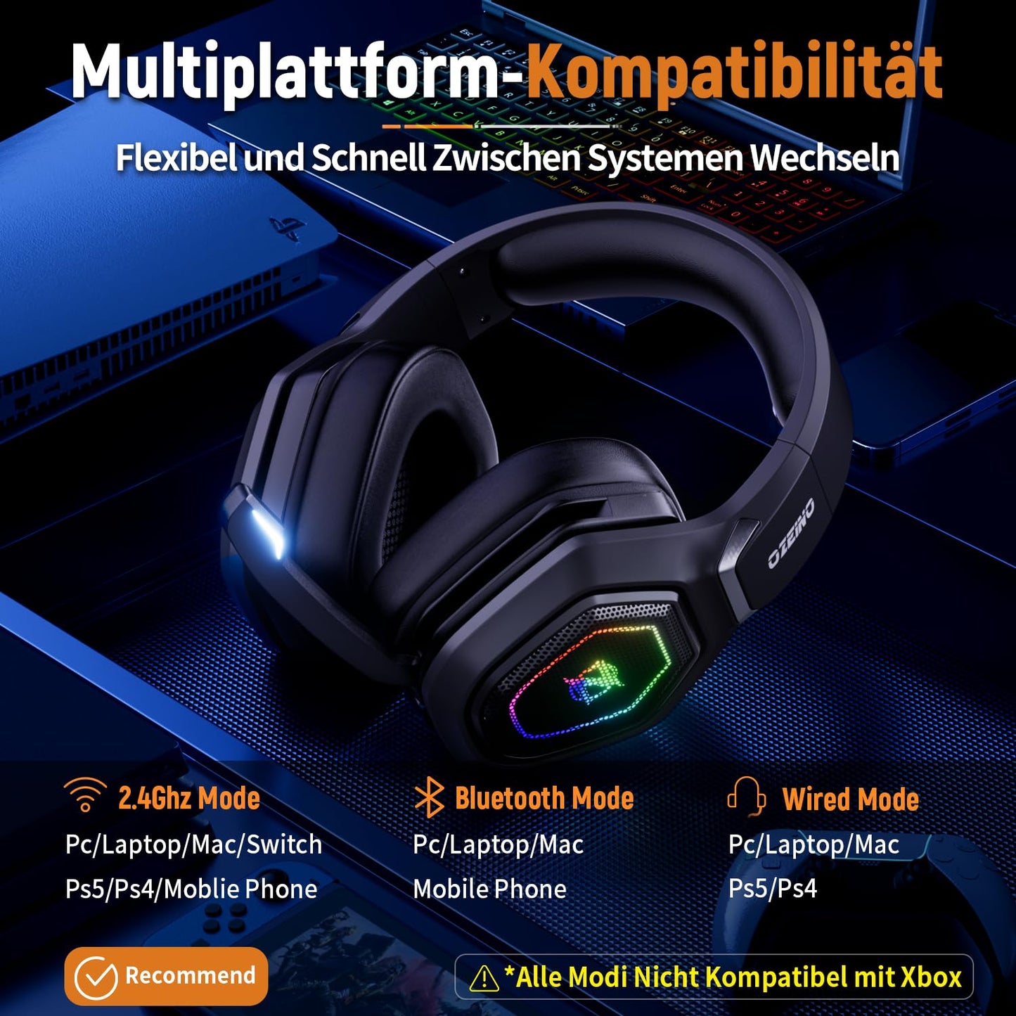 Ocean Wireless Gaming Headset with Microphone, 2.4G & Type-C Transmitter, 30 hour battery life, RGB lighting Gaming Headphones for PS5, PS4, PC, Phone