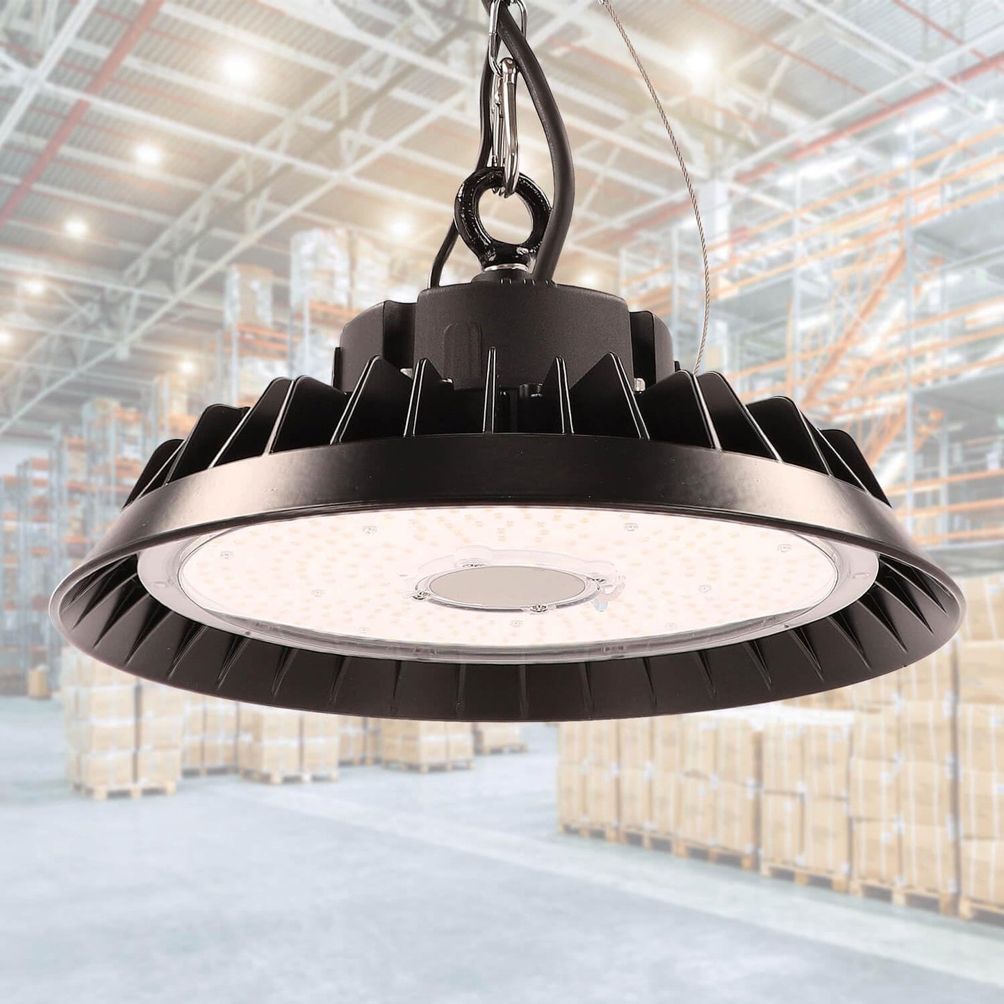 200W LED high bay warehouse luminaire with PREMIUM brand driver dimmable (1-10V) daylight white 6000K 30,000lm 150lm/W 120° IP65 UFO industrial lamp workshop lighting Ø324xH136mm 5-year warranty