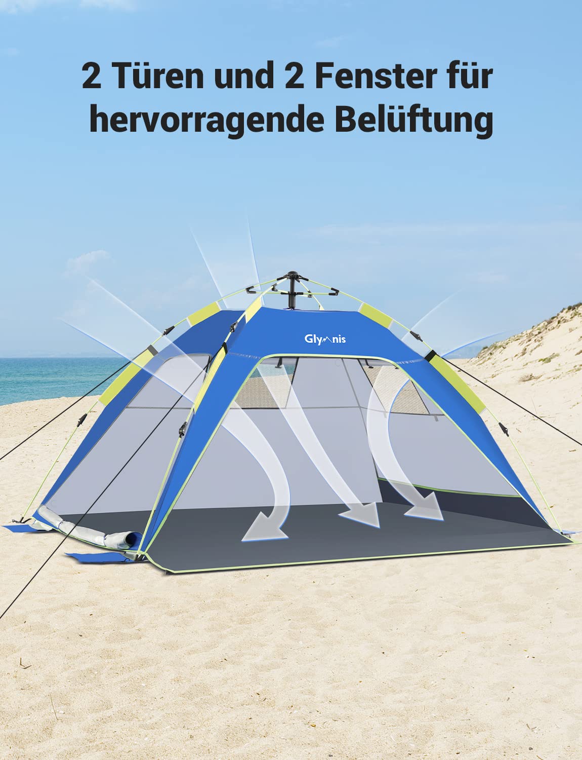 Glymnis Beach Shelter Quick Up Beach Tent Automatic Beach Tent with Zipper Door UV Protection 50+ Wind Protection Small Pack Size Beach Tent for 3 to 4 People