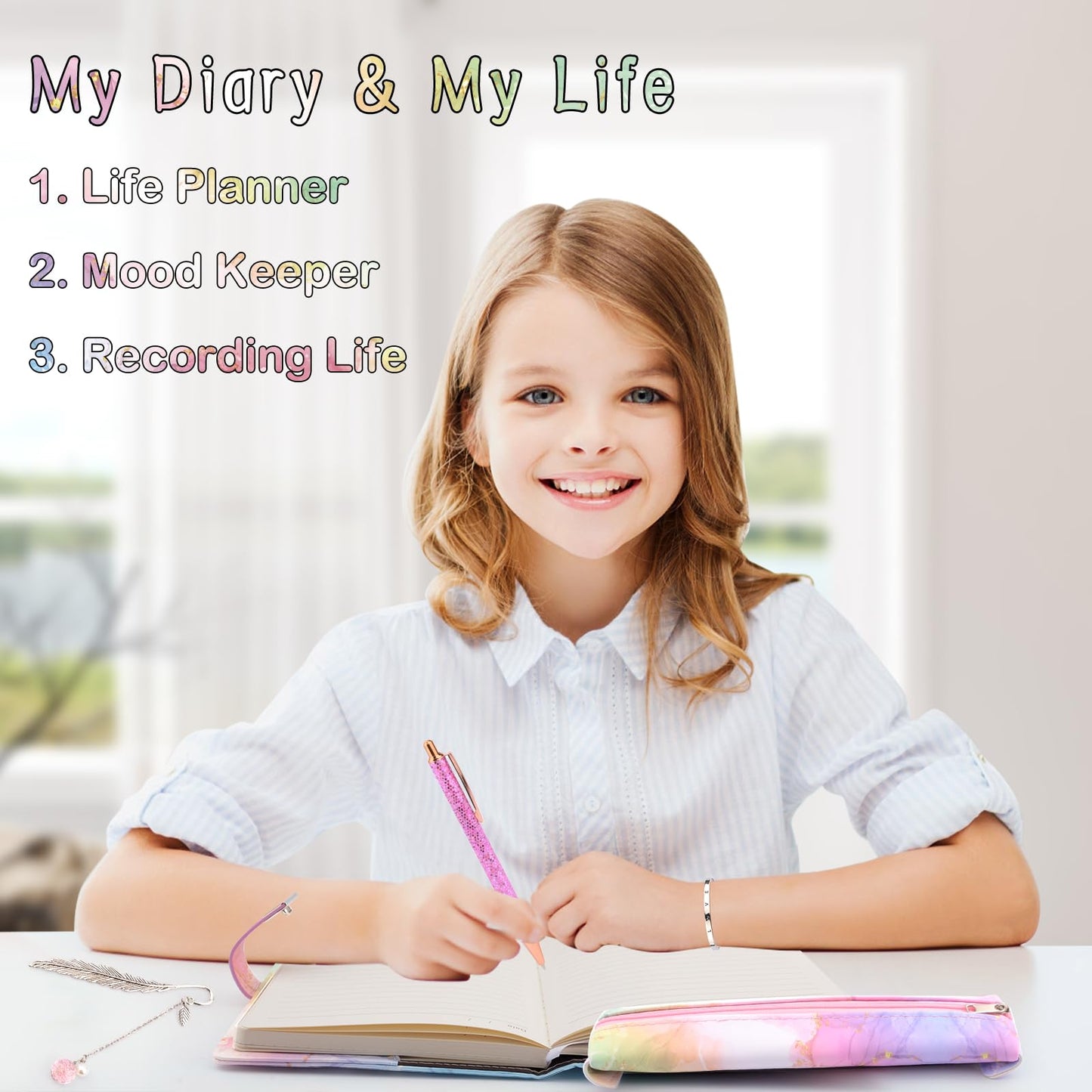 Diary with lock for girls, gifts for girls 8 9 10 11 12 13 years old, Back to School beginning of school birthday gifts for teenage girls ages 7-14, diary with code, note pad, pen, pencil case, school