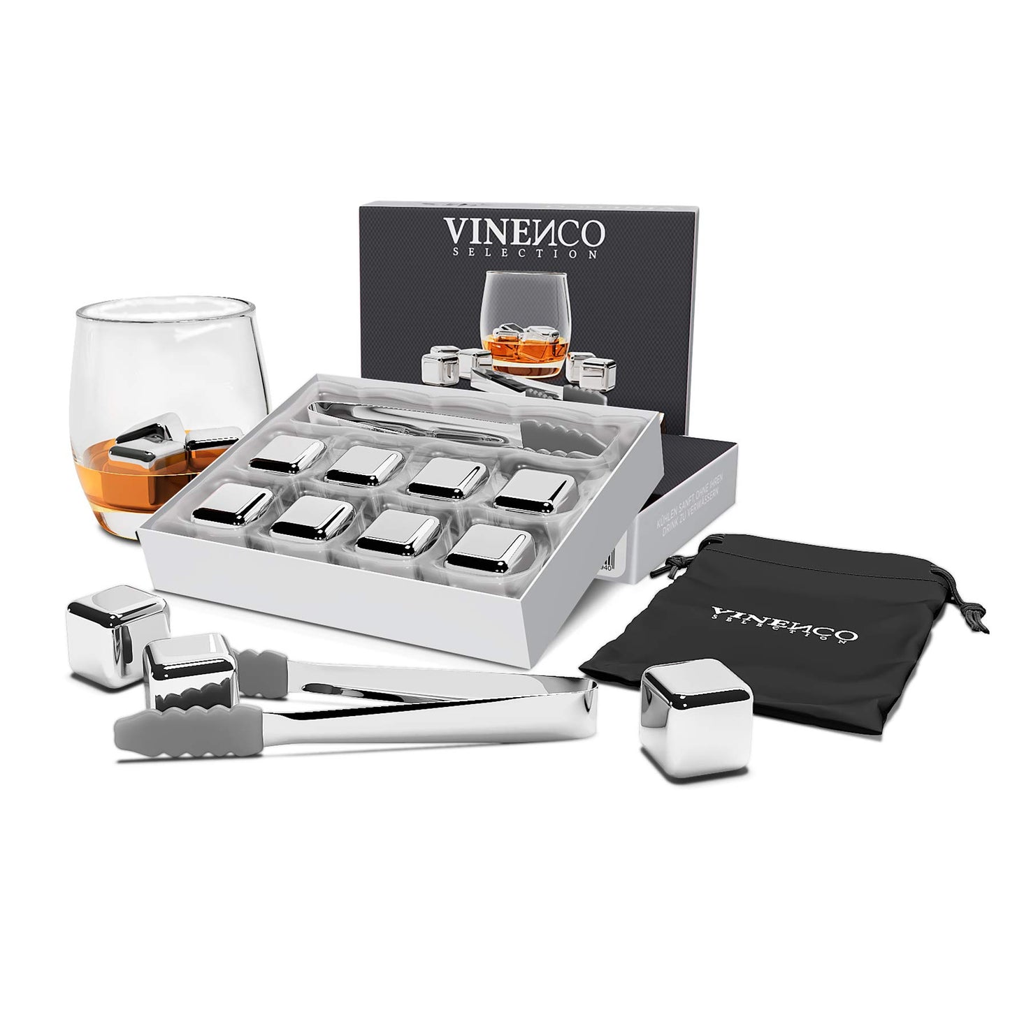 Whiskey Stones Set - 8 Reusable Stainless Steel Ice Cubes, Tongs + Fabric Bag, Whiskey Ice Cubes Metal Cooling Stones Bar Accessories Cocktail Rocks Gin Stones Decorative Accessories Gift Whiskey Stones