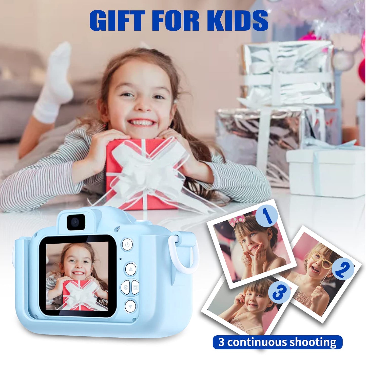 Kids camera, mini digital camera, rechargeable, camcorder, photo and video, gift for girls and boys ages 6+, with 32GB card/1080P HD/silicone protective case, shockproof (blue)