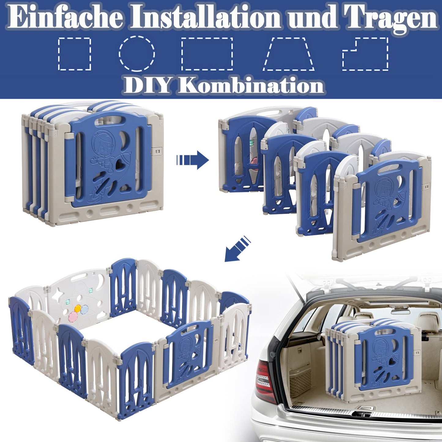 Foldable baby playpen, play yard with door and toy board, 12 panel blue+white baby gate, plastic playpen (12 pieces)