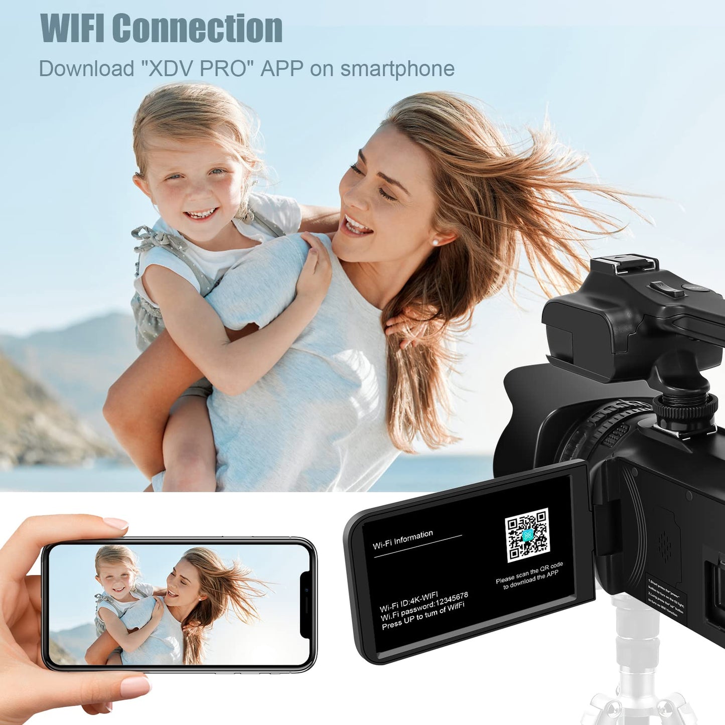 4K video camera camcorder 60FPS 64MP 18X digital zoom auto focus vlogging camera for YouTube, 4.0" touch screen HD WiFi video camera with 4500mAh battery, 64G SD card, stabilizer, microphone, and remote.