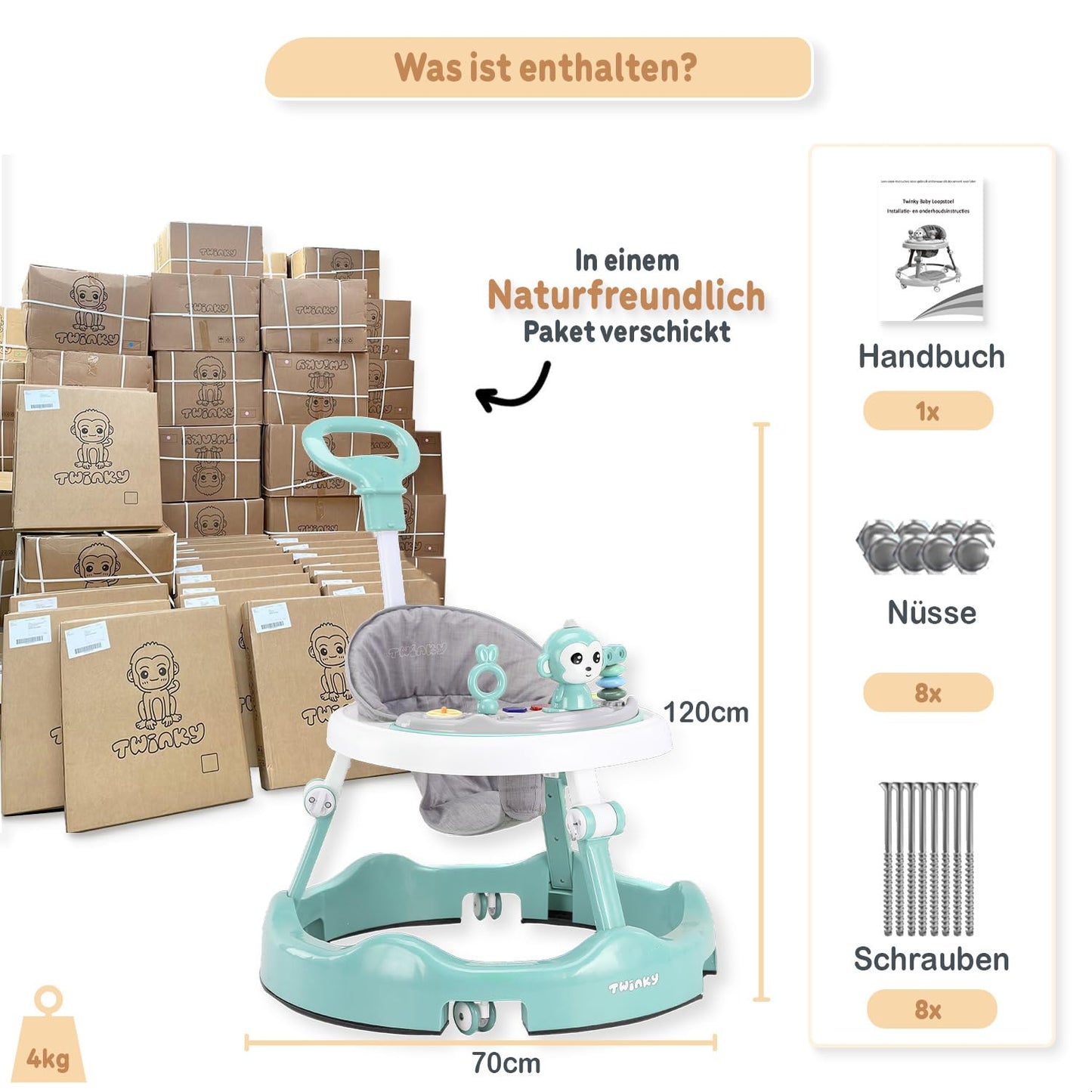 Twinky® walking aid with playset & floor mat - Sturdy 4-way adjustable preschool walking aid - Perfect as a walking aid for your little one's first steps (Mint Green)