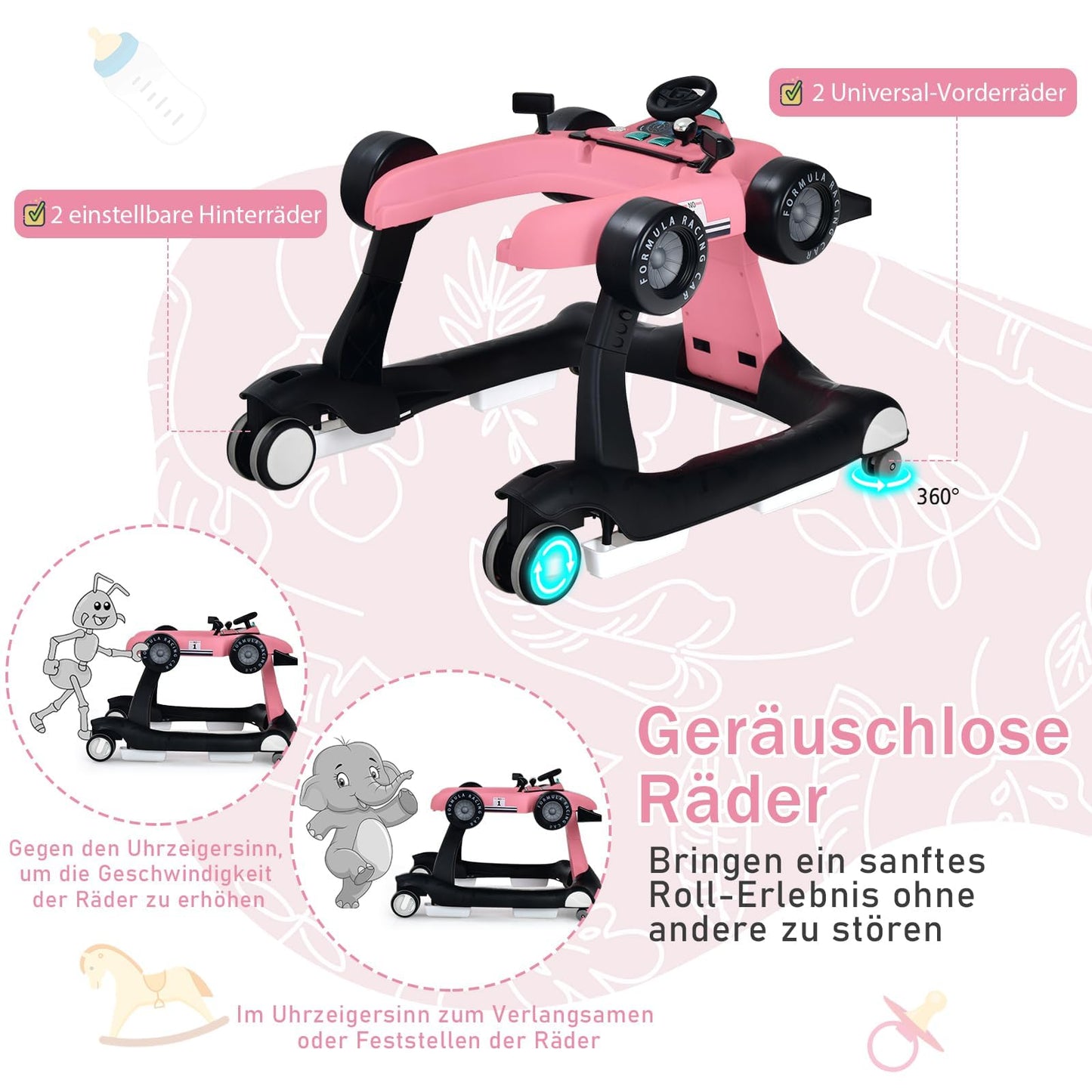 COSTWAY 4 in 1 walker, foldable and adjustable height & speed baby walker shaped like a car with music box, lights & wheels for babies 6 months and up, maximum weight 12kg (Pink)