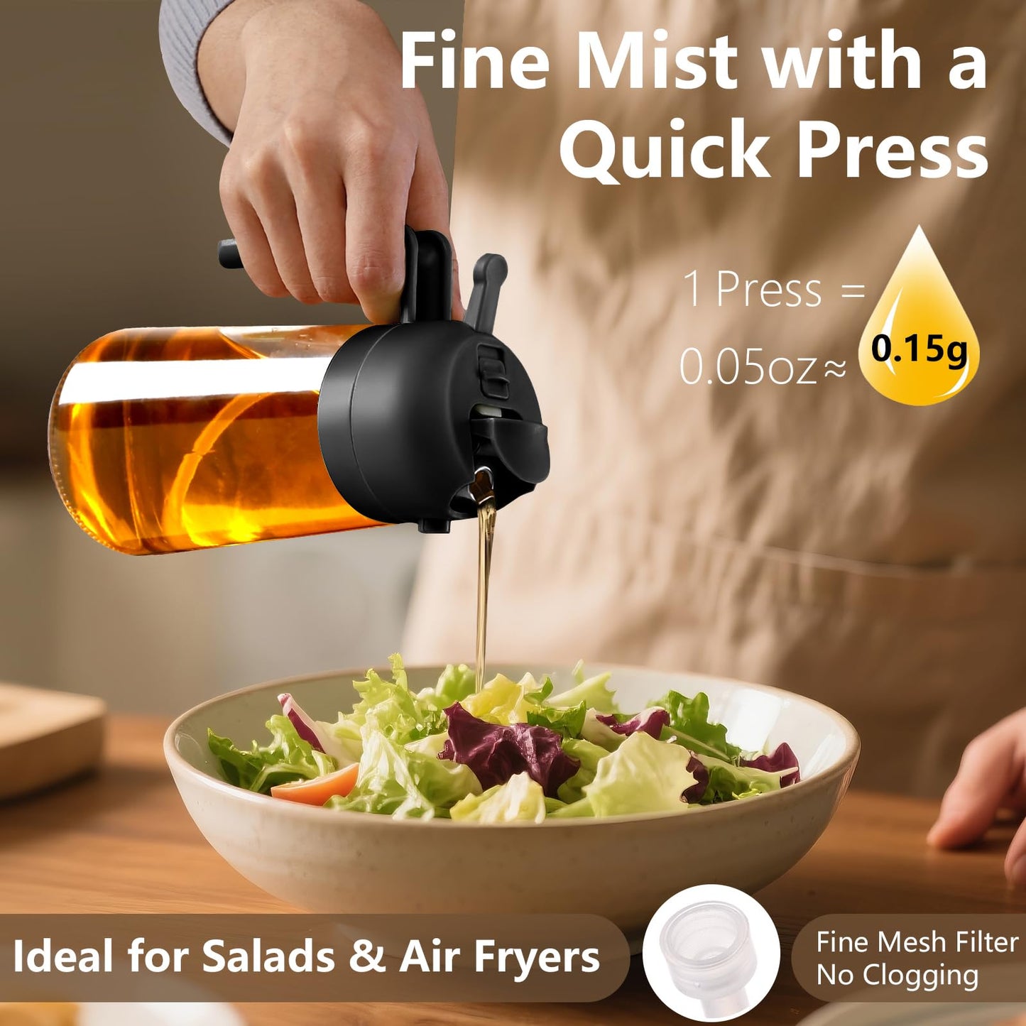 SWEET VIEW 2 in 1 Oil Sprayer for Cooking, 470ml Glass Oil Bottle/Olive Oil Spray Bottle for Salad, Grilling, and Air Fryer (Black, Black)