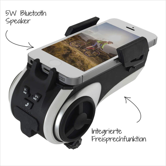 FISCHER smartphone holder with music box and power bank for bicycles, universal holder for smartphones with 50 - 90 mm width.