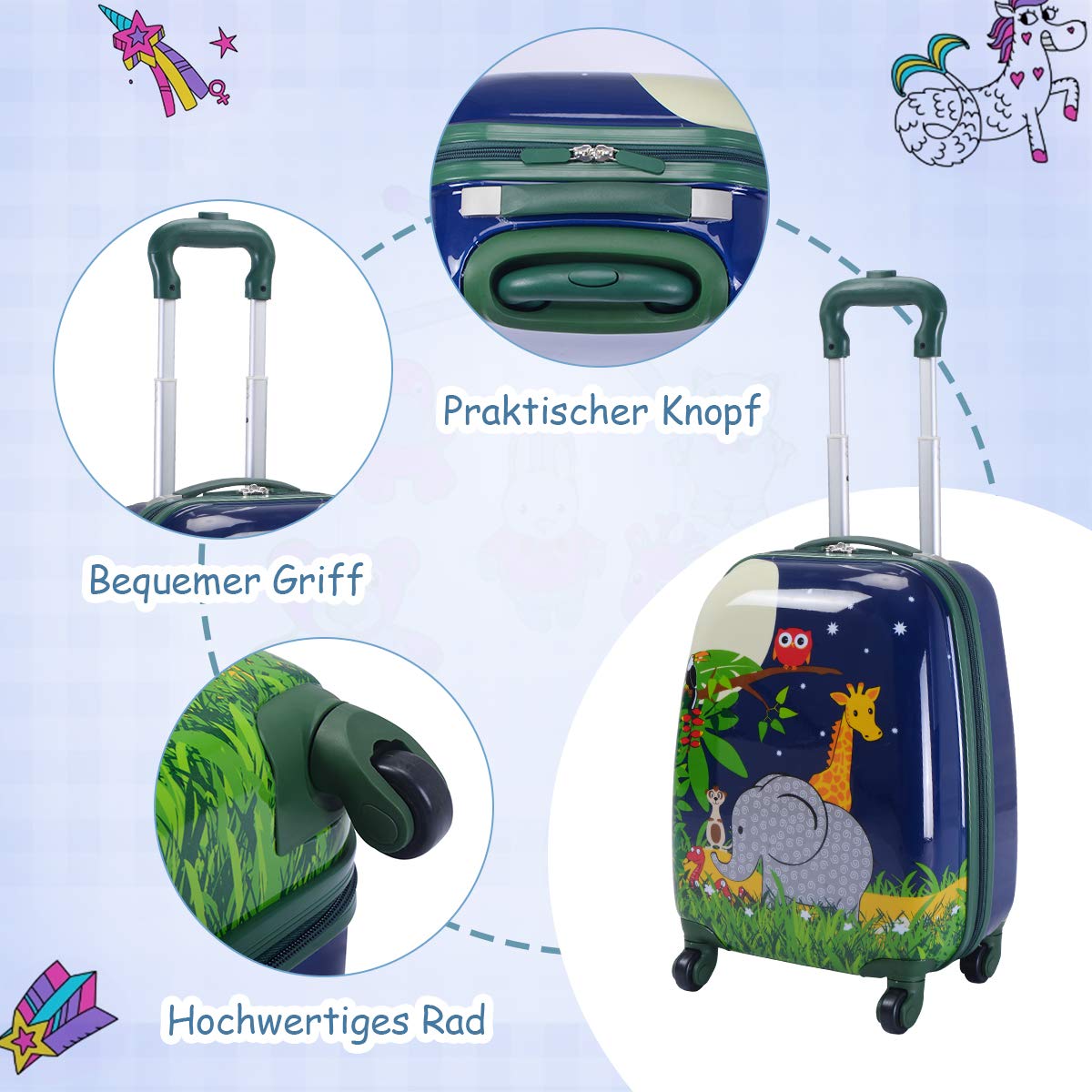 GOPLUS Kids Suitcase with Backpack, Kids Trolley, Children's Luggage with Wheels, Travel Suitcase with Telescopic Handle, Hard Shell Suitcase for Kids, Children's Trolley Color Choice (Elephant, 12"+16")
