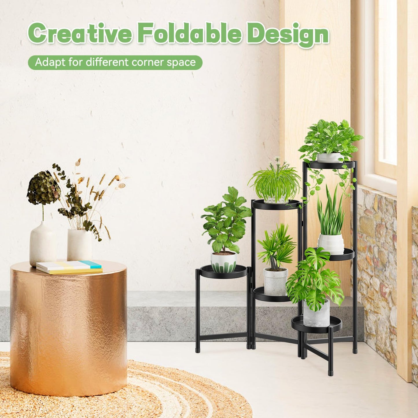 JC-Houser 6-Tier Plant Stand Flower Stand Metal, Plant Rack Flower Shelf Corner Indoor Outdoor, Foldable Flower Ladder Plant Stairs Plant Stand for Garden Balcony Living Room (Black)