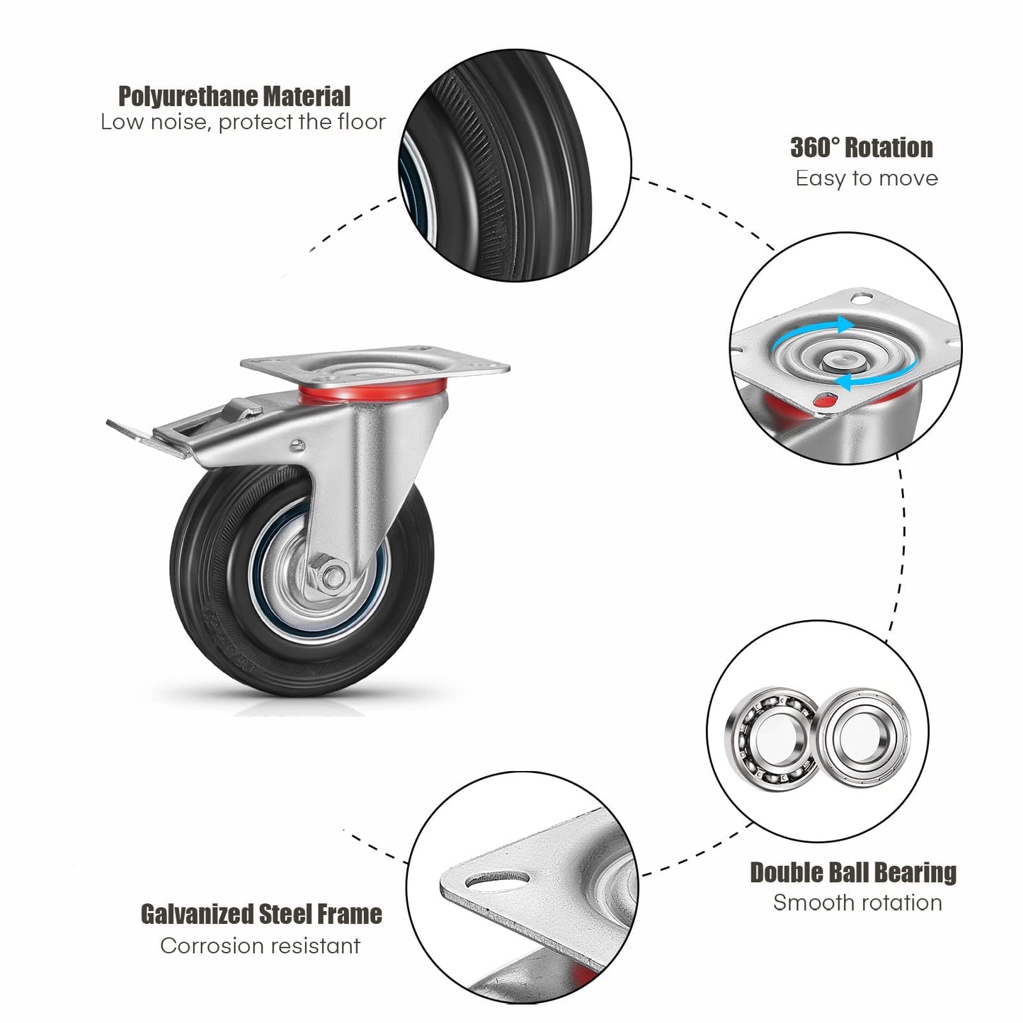 8 heavy-duty casters 160 mm swivel casters transport casters with brakes, load capacity up to 600 kg pallet casters, furniture casters 360° swivel silent (4 brake casters, 4 swivel casters)