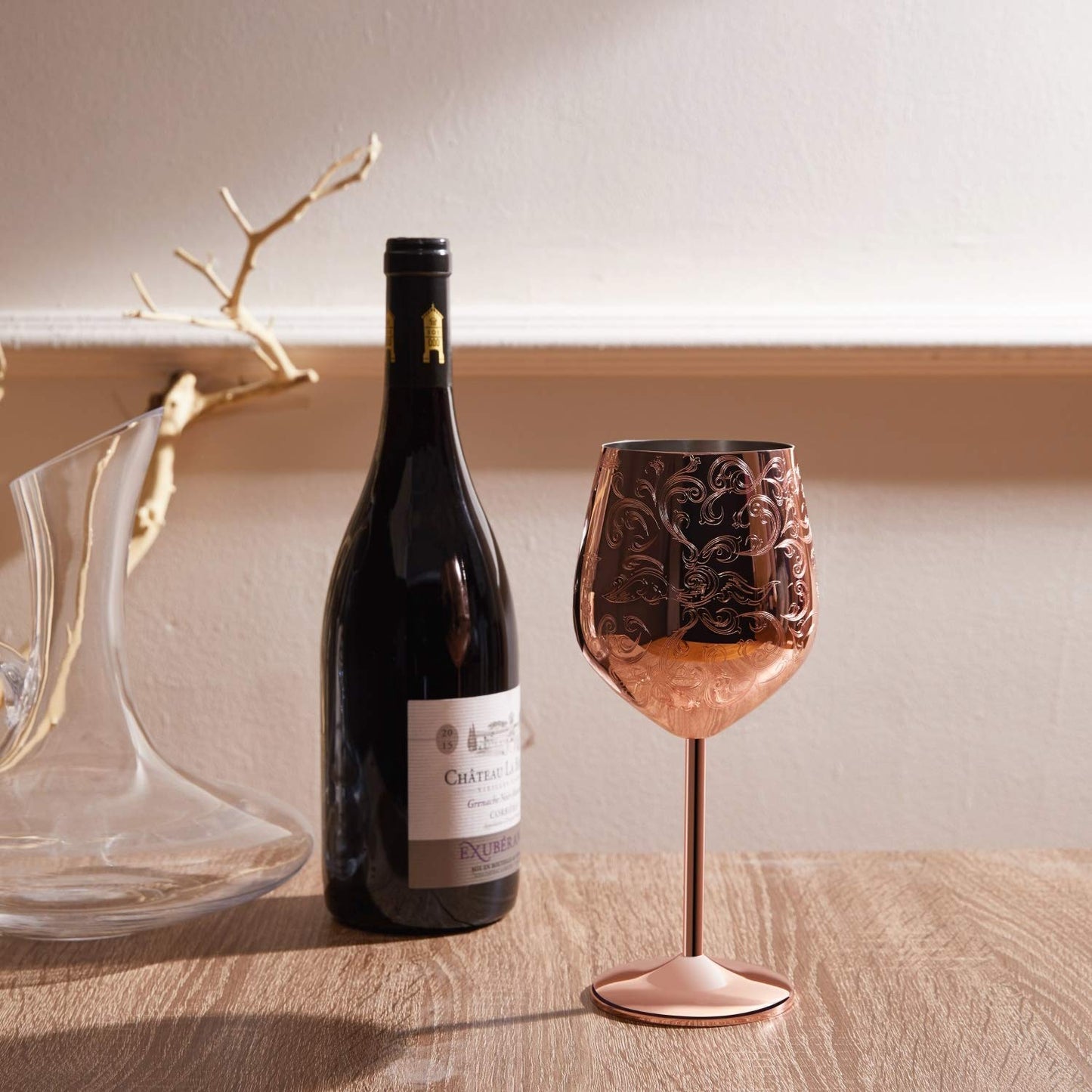 SKY FISH Stainless Steel Wine Glasses, Etched with Intricate and Authentic Baroque Engravings, Copper-Plated Wine Goblets in Royal Style, Anniversary Gift, Set of 2, Hand Wash Only, (480ml)