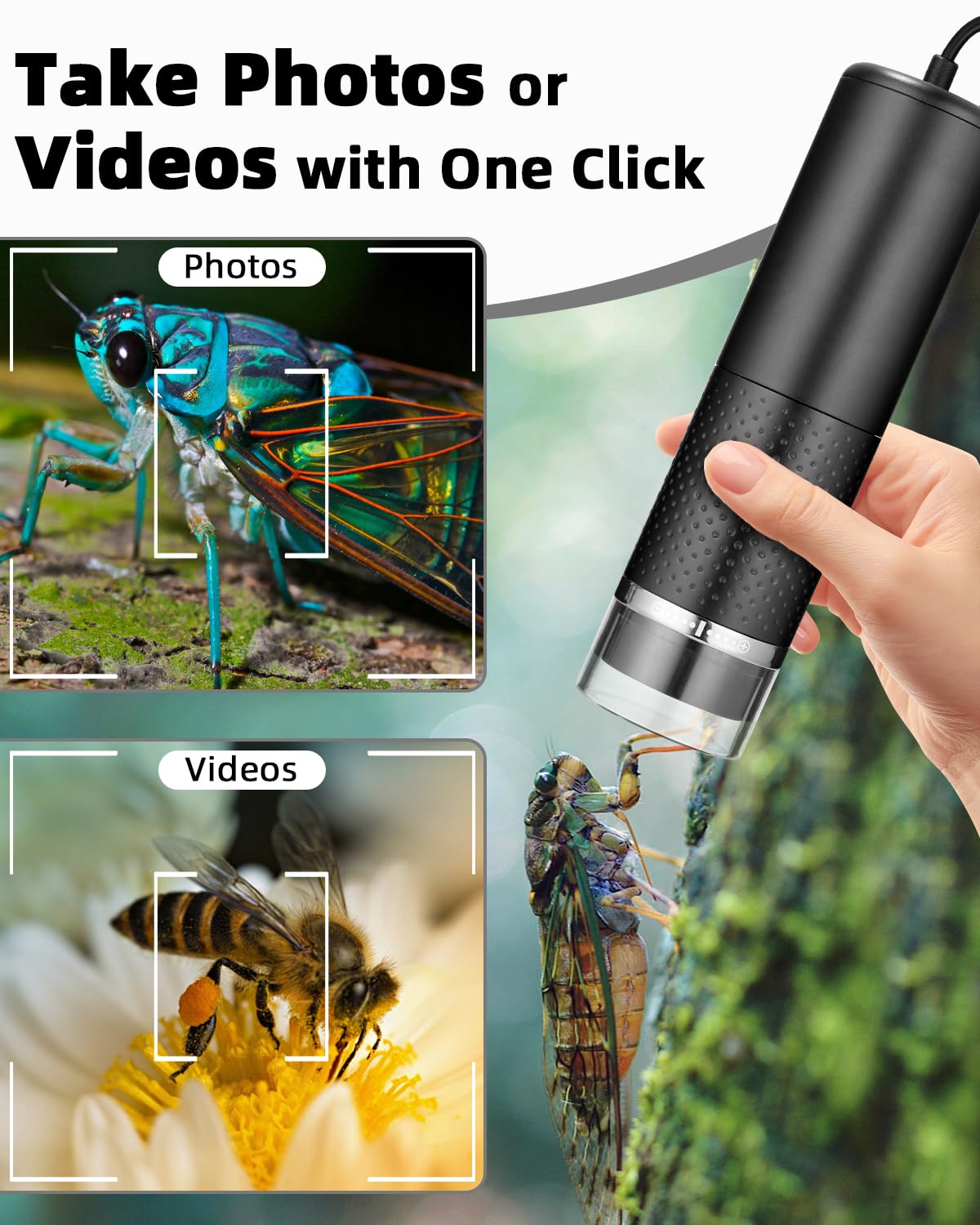 USB Microscope for Phone, 1080P HD, Compatible with iOS, Android, Tablet, 10 to 200X Portable Pocket Microscope, 3 Adjustable LED Lights Microscope Digital, Portable Microscope for Adults and Kids