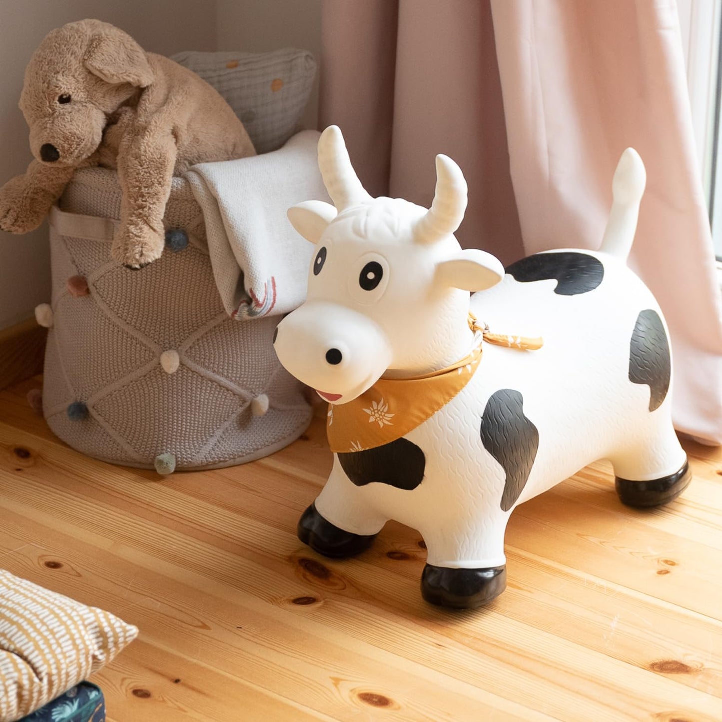 Childhood Hopping Animal for Kids, subtle and modern colors, lovely details and high quality, includes air pump, Cow.
