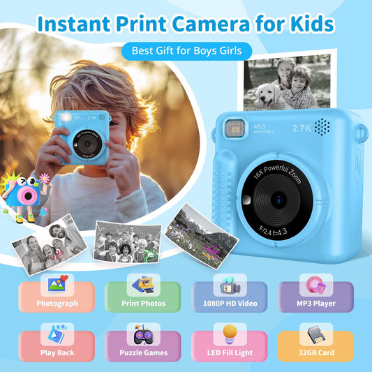 Children's camera instant camera, 2.4 inch 1080P screen instant camera for kids with 32GB card, 3 rolls of printing paper & colored pens, digital camera for kids toy, gift for children 3-12 years.