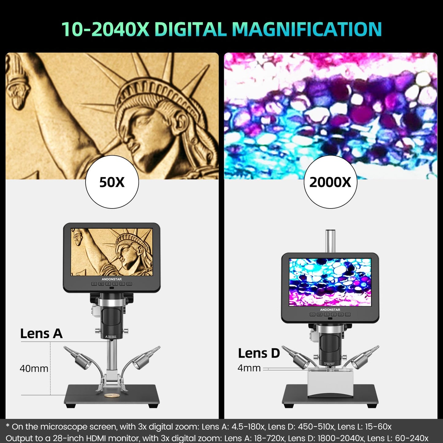 Andonstar AD246S-M Plus 7'' HDMI soldering digital microscope for electronics repairs, 2000x 3 lens 2160P UHD video recording, soldering microscope station with helping hands, coin microscope, 32GB card.