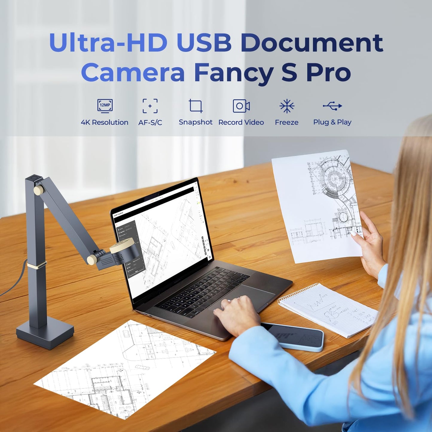 CZUR 12MP USB document camera with 4K resolution, Dual-Auto-Focus, 60FPS, A3 size, LED light, MIC, Rotate, Mirror functions. Foldable visualizer for macOS and Windows. Fancy S Pro.