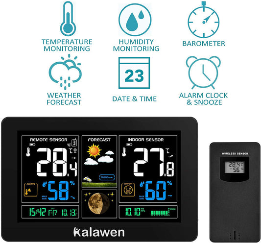 Kalawen weather station with indoor and outdoor temperature, weather forecast, DCF radio clock, battery and mains powered, black.