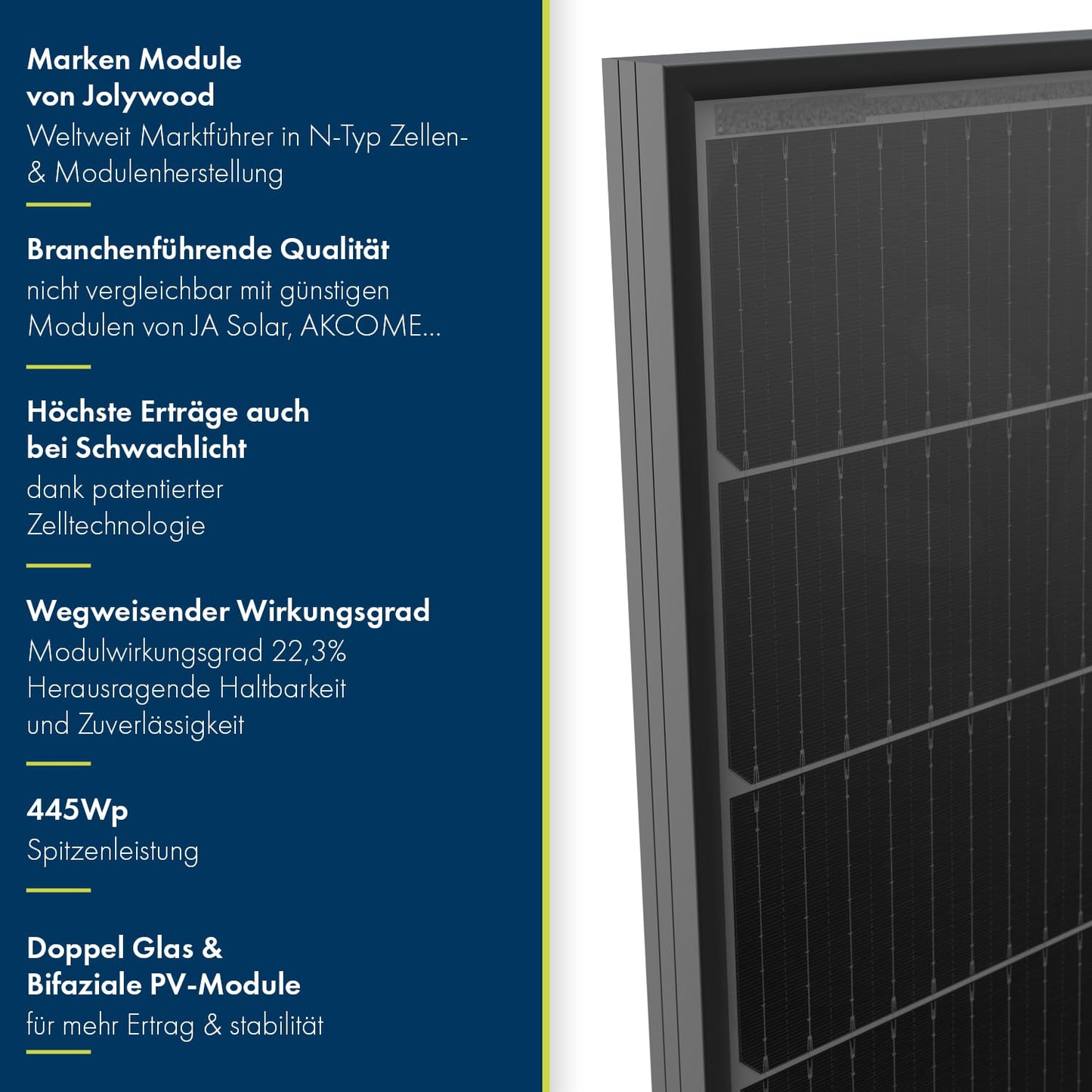 445W Bifacial glass-glass PV modules with 2x1.6mm glass, cutting-edge n-Type technology, expansion modules for your mini solar system, balcony power plant, or DIY complete system.