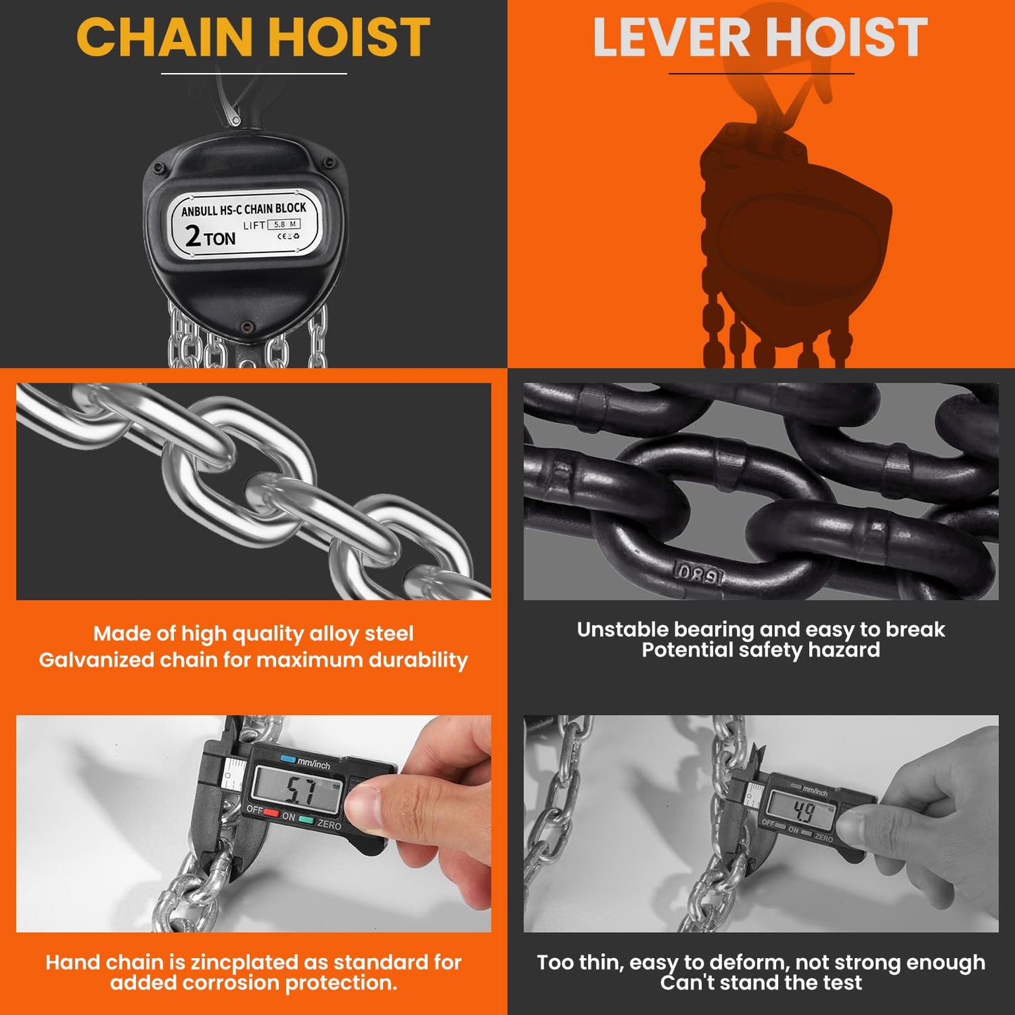 Anbull Chain Hoist, 2000kg load capacity, 5.8m lifting height, fully galvanized chain, no oil stains and rust-proof, product weight 17.5kg.