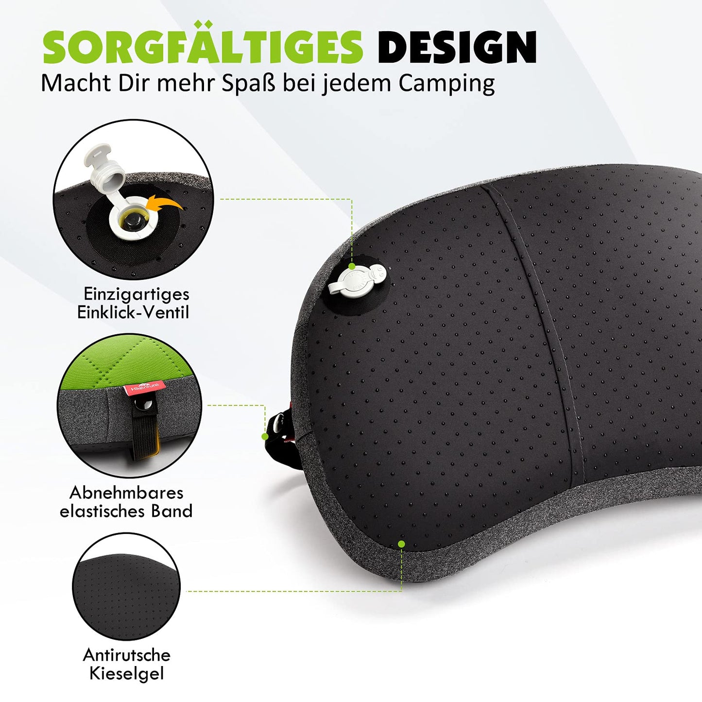 HIKENTURE Inflatable Camping Pillow with Removable Cover, Inflatable Travel Pillow Lightweight, Ergonomic Pillow on the go, Inflatable Camping Pillow Outdoor, Inflatable Pillow-Green