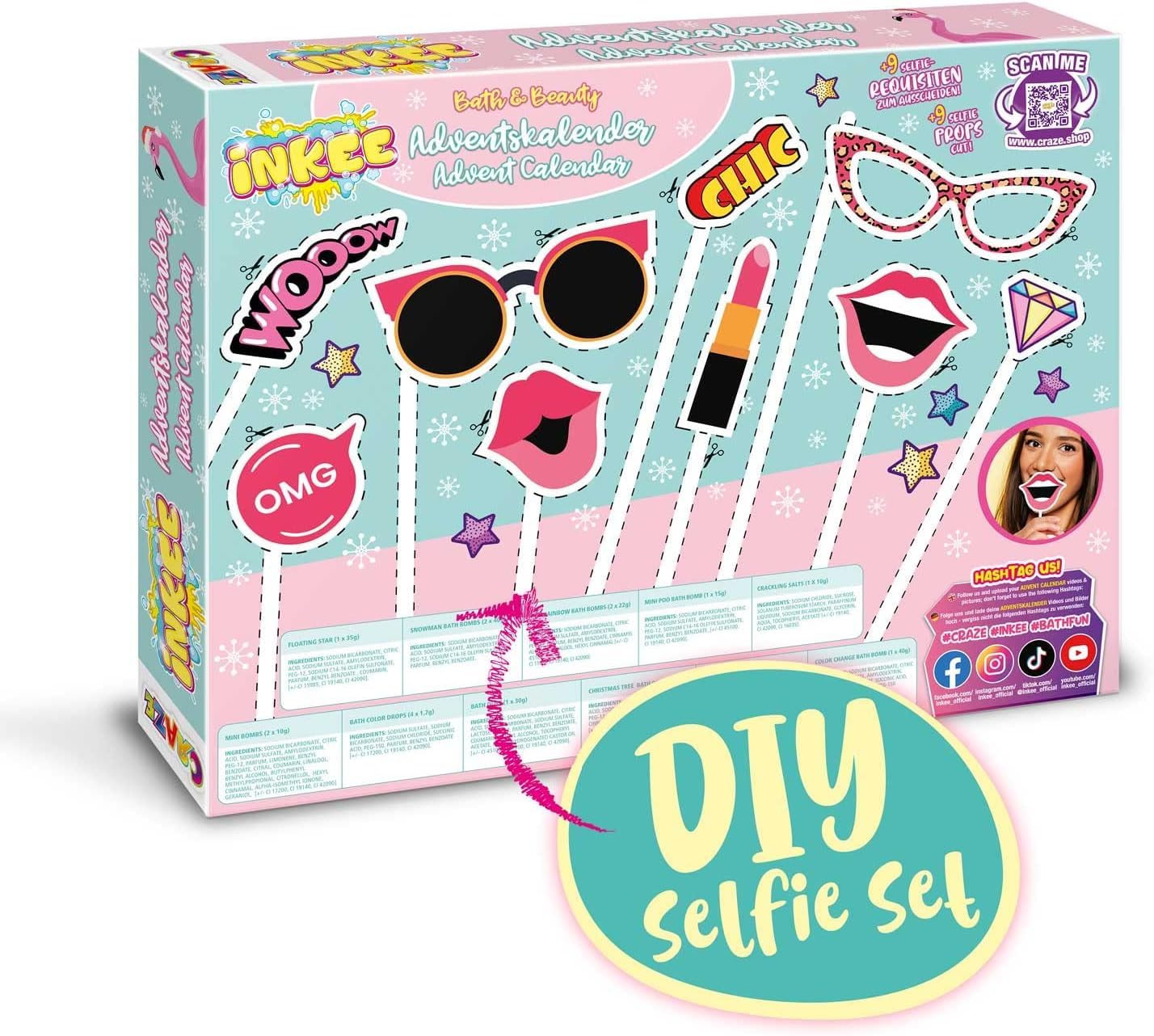 INKEE Bath & Beauty Advent Calendar for Kids - Bath Fun Toy Advent Calendar for Girls, Christmas Calendar with bath bombs, bath ball, bath salts & hair accessories.