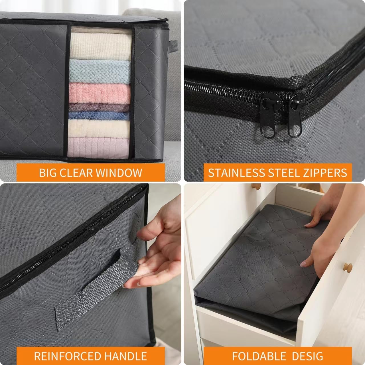 Auveir 6 Pieces 60L Storage Bag, Storage Box with Lid, Large Clothes Storage Moving Boxes, Foldable Storage Bins for Comforters Blankets Clothing Underbed Closet