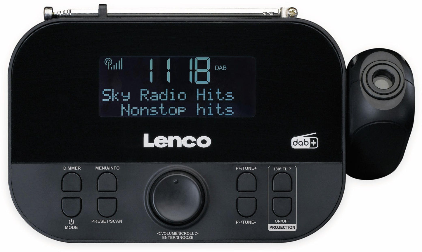 Lenco CR-615 DAB+ Projection Alarm Clock - Digital clock radio with DAB+ and PLL FM - 30 station presets - dual alarms - 180-degree projector - 3.5mm input - black