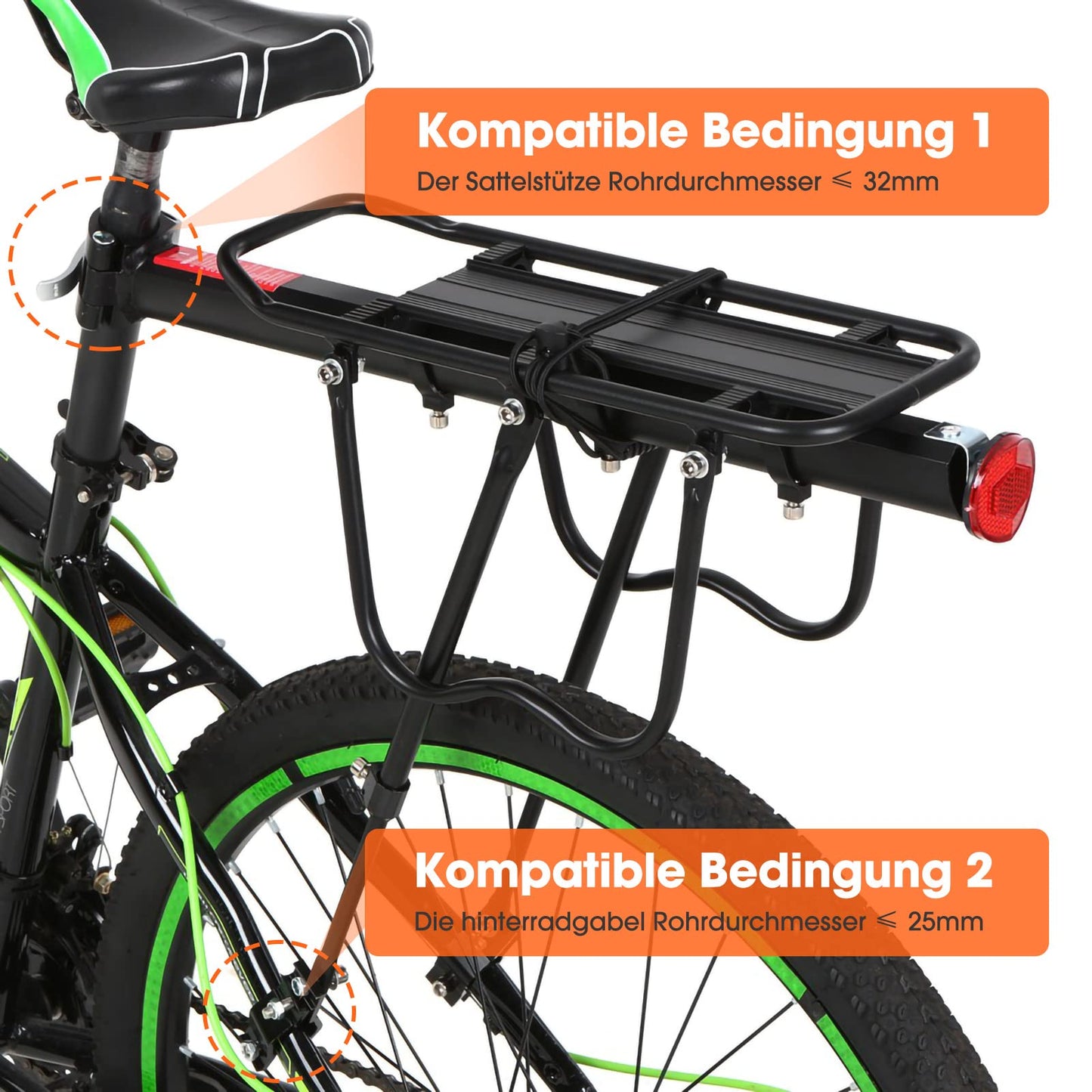 Bike rack 24-29 inch, Adjustable mountain bike luggage carrier, Universal lightweight aluminum alloy bicycle rack with a maximum load capacity of 100kg, Rear rack with reflector.