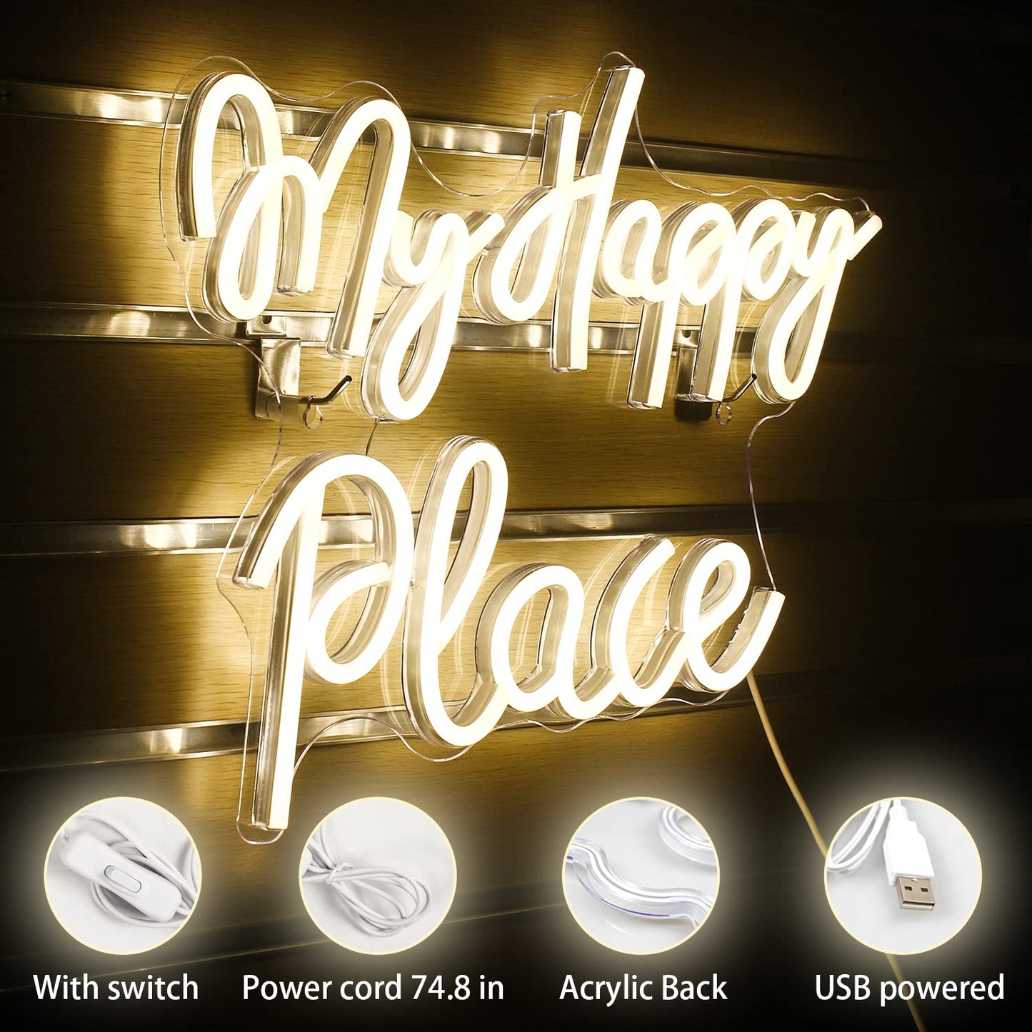 My happy place neon sign. Warm white neon sign for wall decor. Neon light script with USB powered for bedroom, playroom, bar, party, birthday.