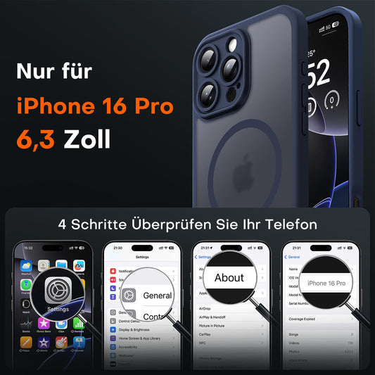 TOCOL iPhone 16 Pro case for Magsafe, with full camera protection, shockproof and scratch-resistant. Transparent back with magnetic closure in blue color.