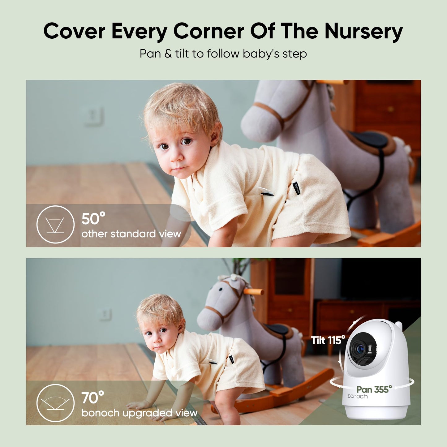 Bonoch 7-inch baby monitor with camera, 720P HD, 6000mAh battery, night vision, two-way audio, remote PTZ, VOX mode, temperature sensor, 8 lullabies.