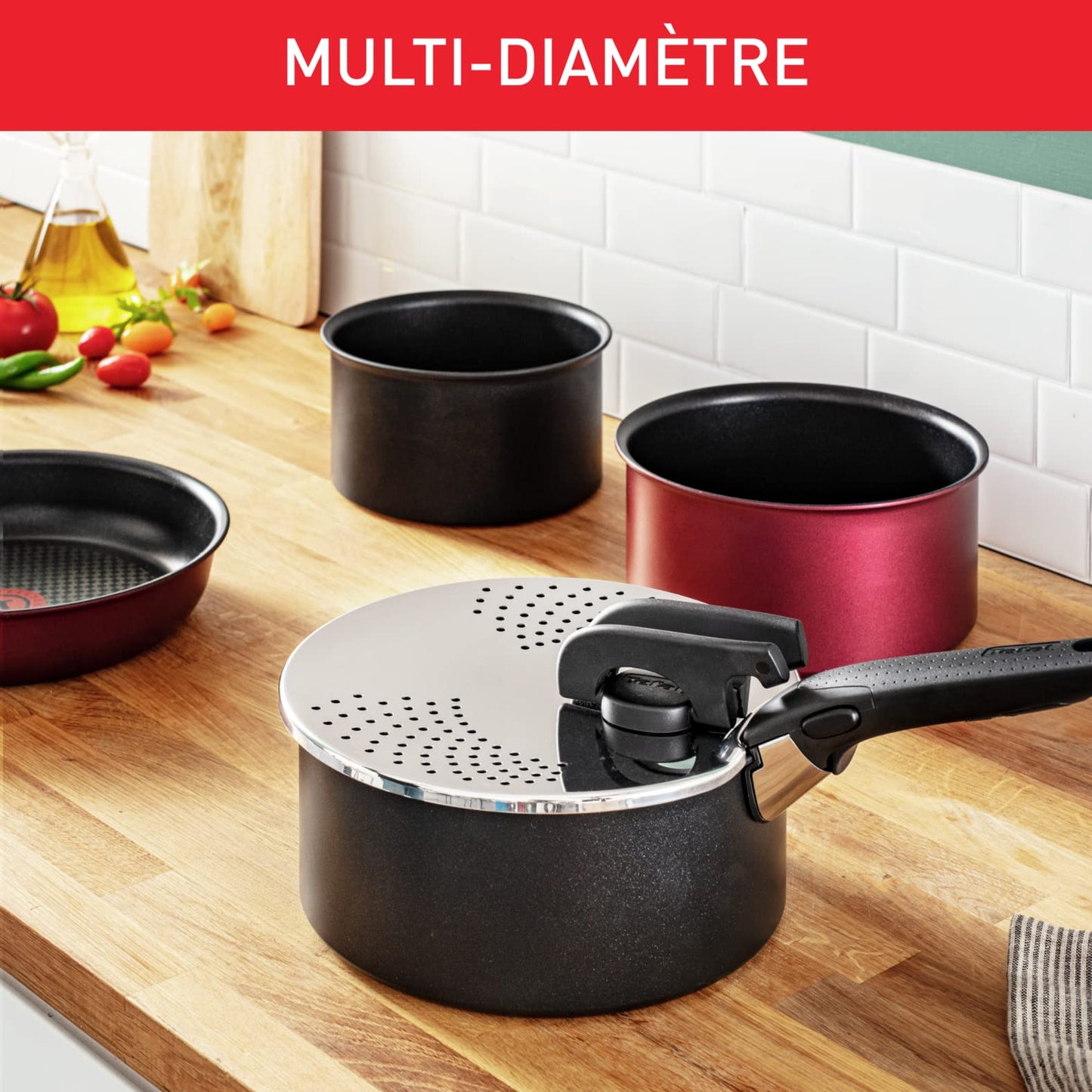 Tefal Ingenio draining lid, stainless steel, easy storage, various diameters, Ingenio, dishwasher safe, L9829402, stainless steel and black, lid for draining racks 14-20 cm.