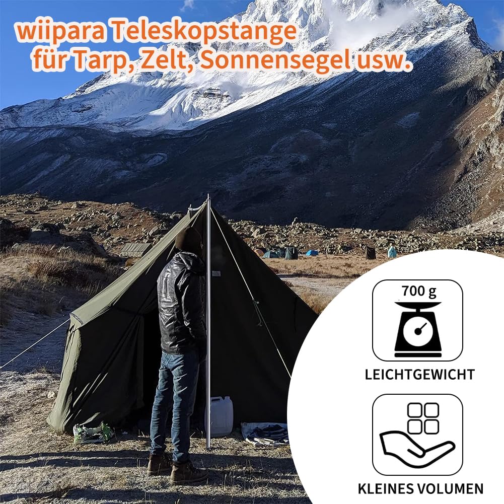 wiipara tent pole telescopic pole 2-piece set, set-up pole for tarp, tent, sunshade camping tarps adjustable up to 200cm, pole for sunshade attachment, silver